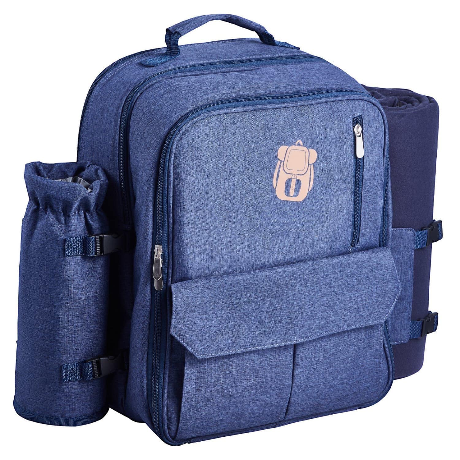 Angel Sar - Navy Blue 4-Person Picnic Backpack with Insulated Cooler Compartment Detachable Bottl...