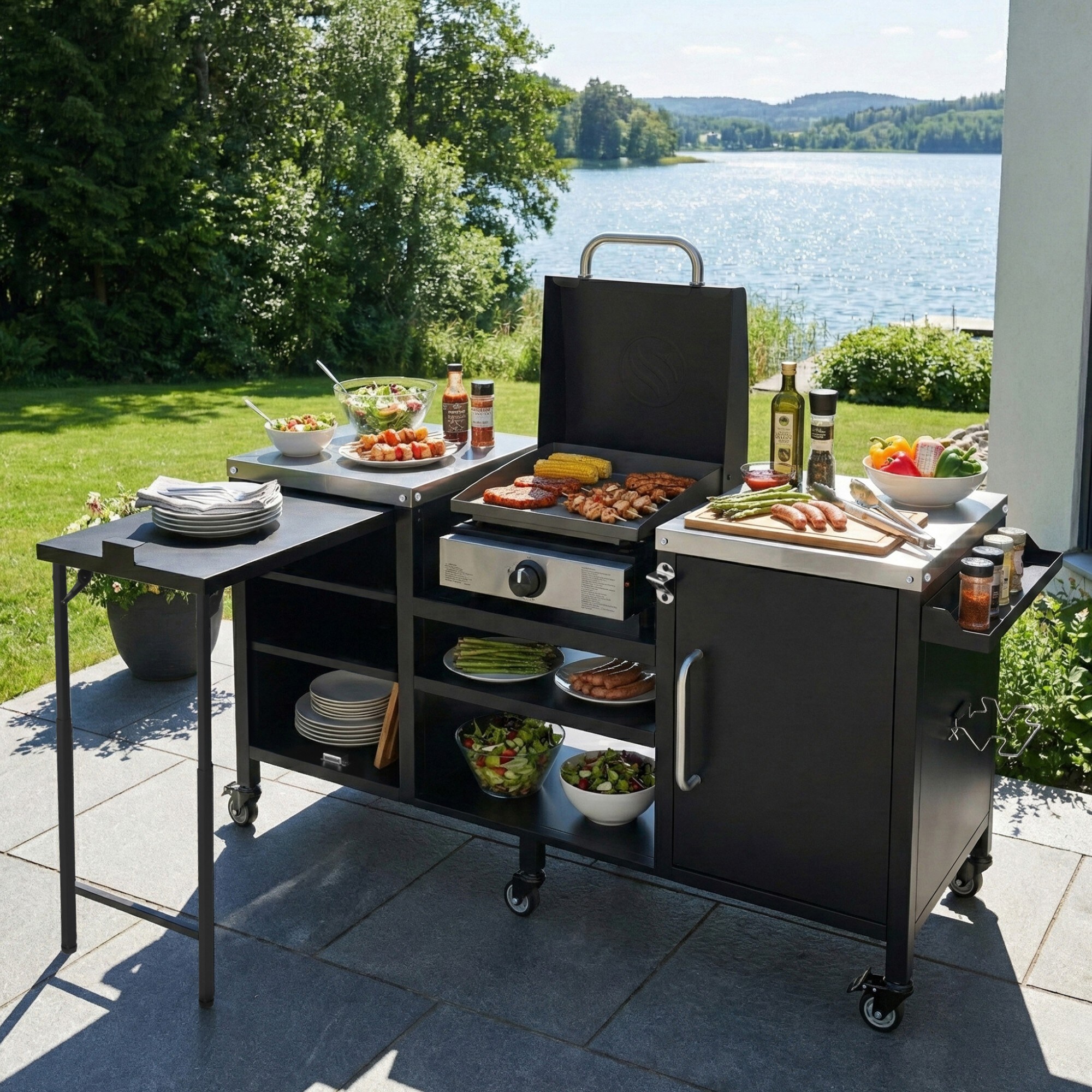 Lirago 72.4 in Large Grill Table Metal Outdoor Grill Cart with Fold-out ...