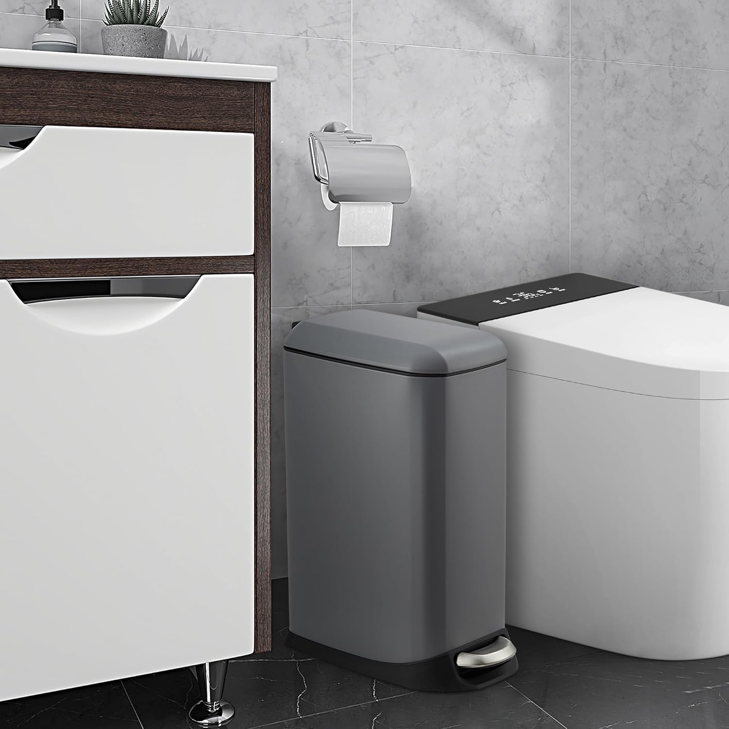 Qeetex HEHE-PHO33GPQBDF 30 Quart Pullout Under Cabinet Trash And Recycling Bin With Soft Close Full Extension Slides Rustproof Gray Stainless Steel Space Saving Durable And Easy To Clean Gray