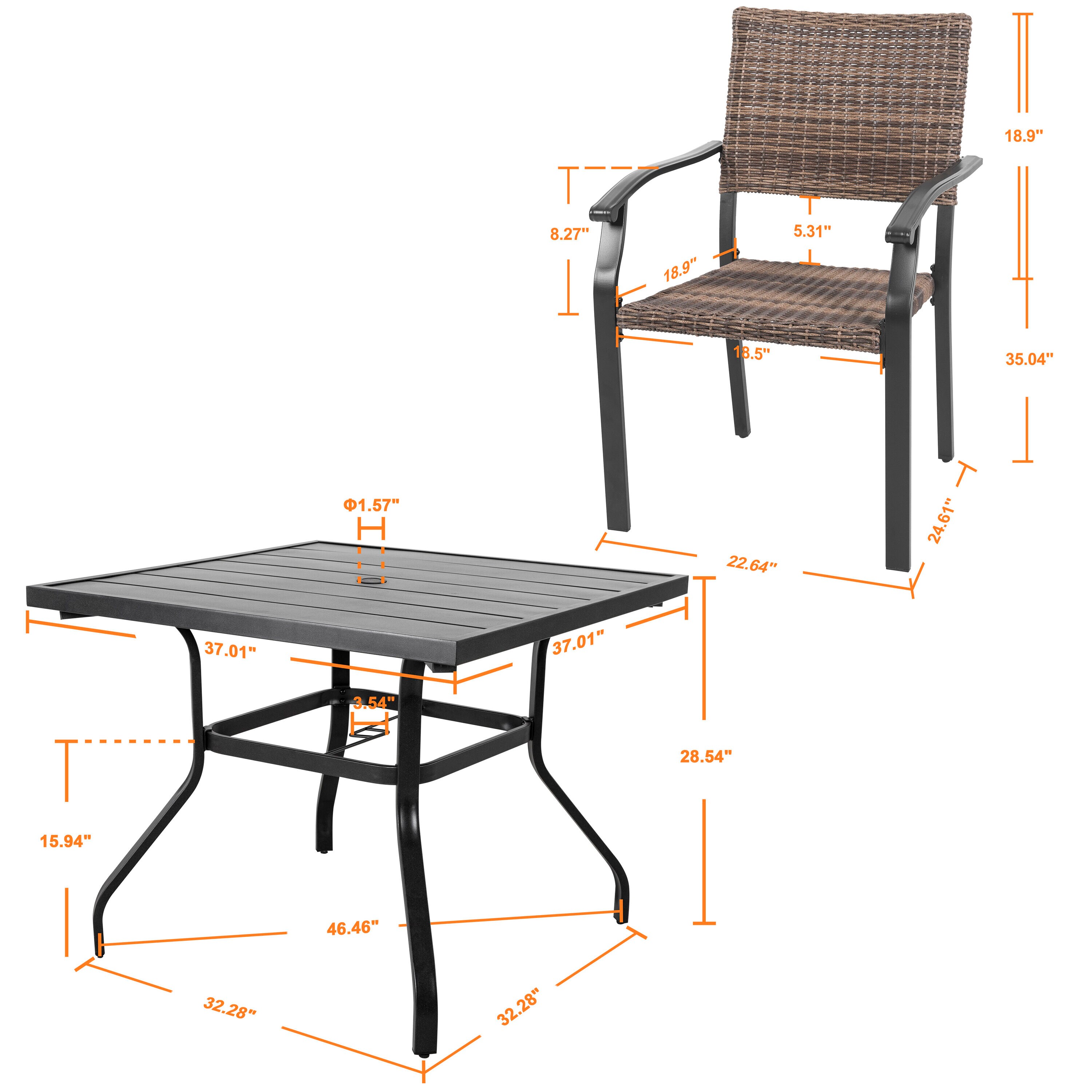 Black Iron Square Table with Mixed Wicker Chairs Outdoor Dining Set