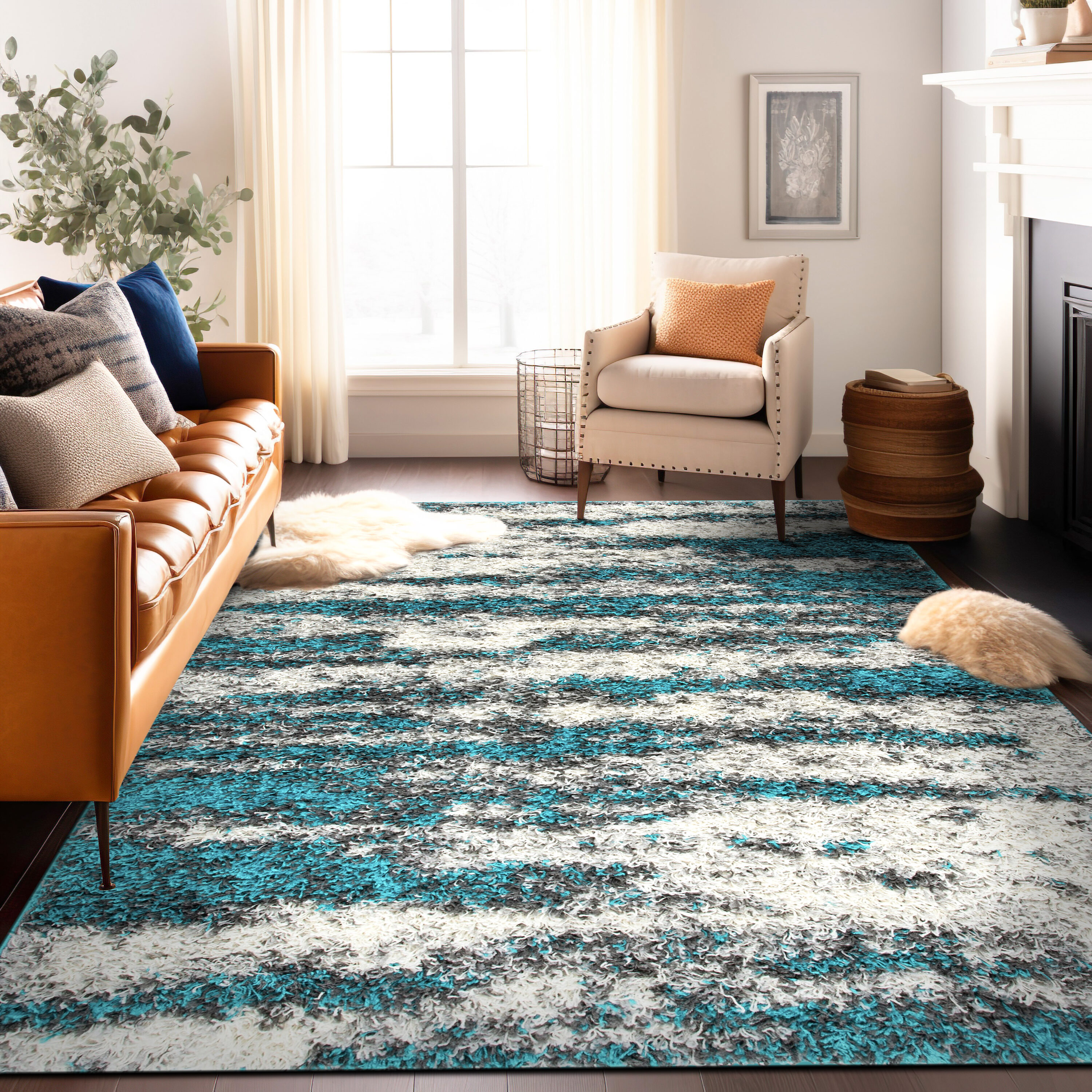 Turquoise Shag Abstract 5' x 7' Easy-Care Synthetic Area Rug