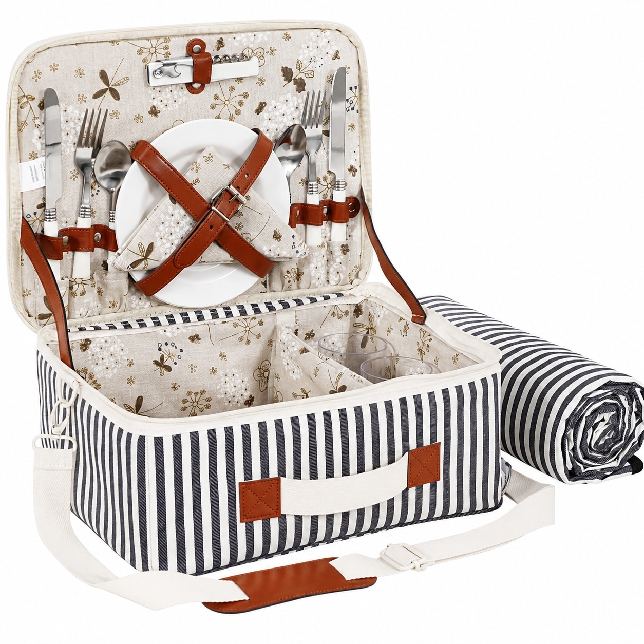 Etokfoks  2 Piece Stripe Fabric Picnic Basket Set with Waterproof Blanket Food Safe Cutlery Plates and Cups for Outdoor