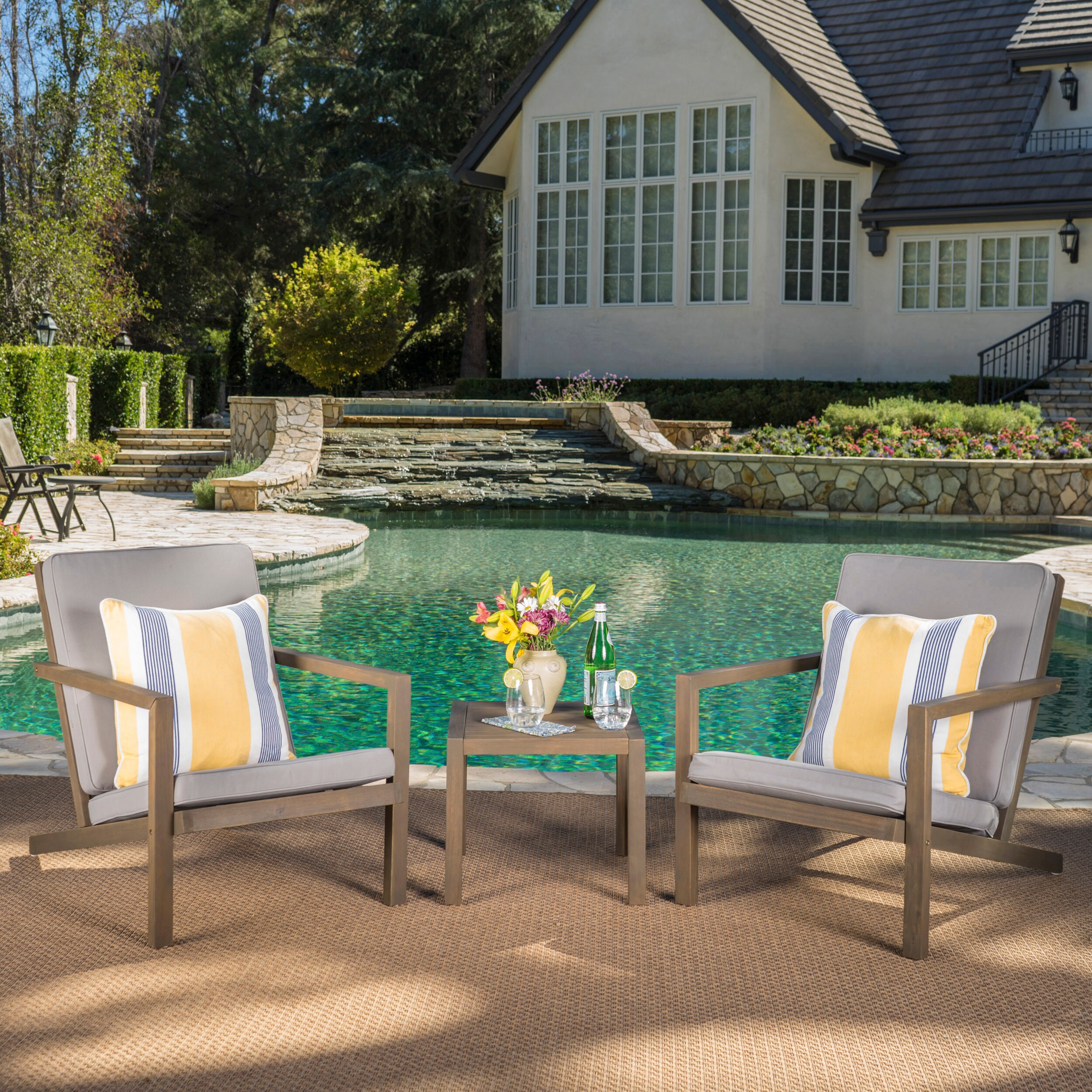 Gray Acacia Wood 3-Piece Outdoor Chat Set with Water-Resistant Cushions
