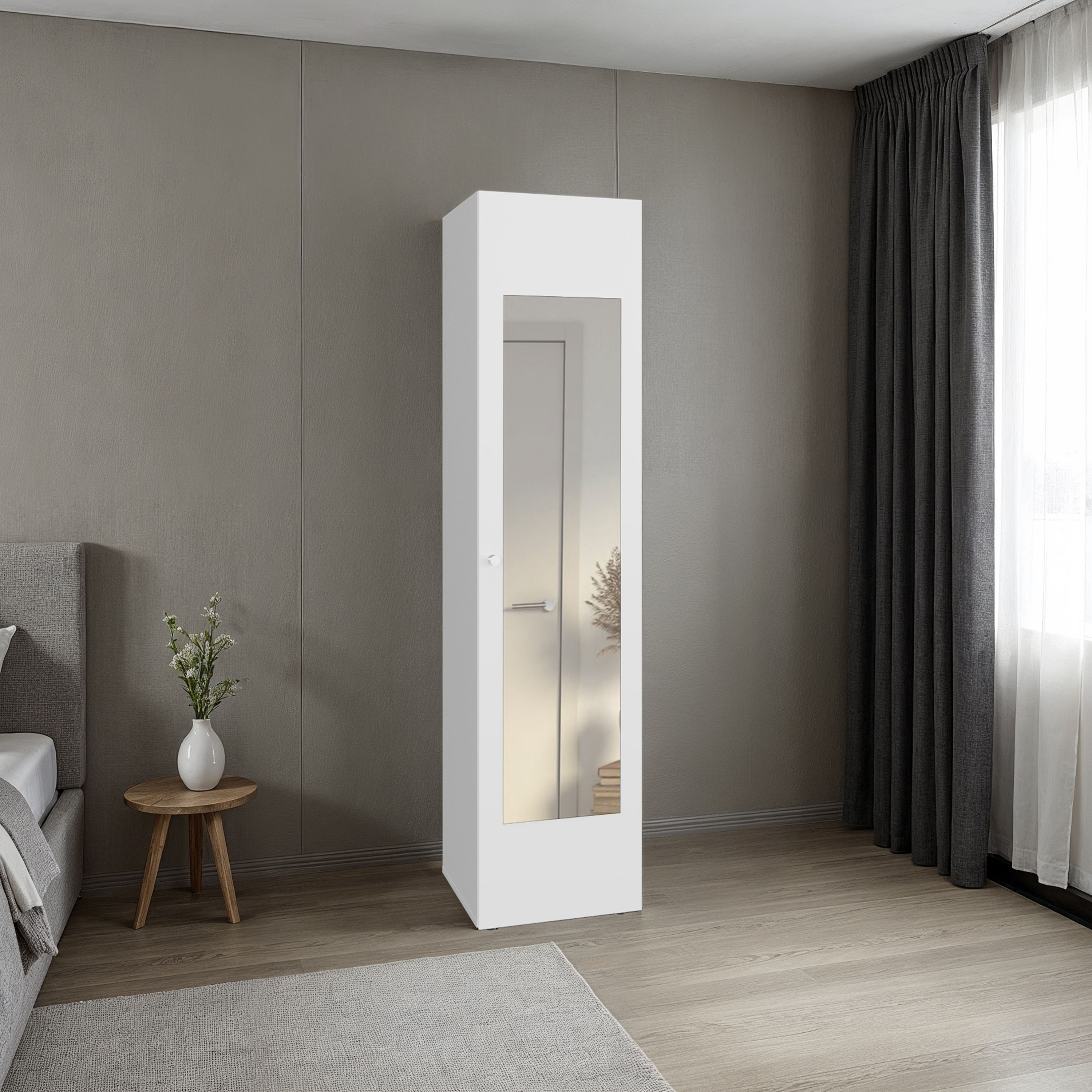 JUSHUA White Freestanding Linen Cabinet with Full Length Mirror Door and 4 Interior Shelves for Bathroom Bedroom and Laundry Room