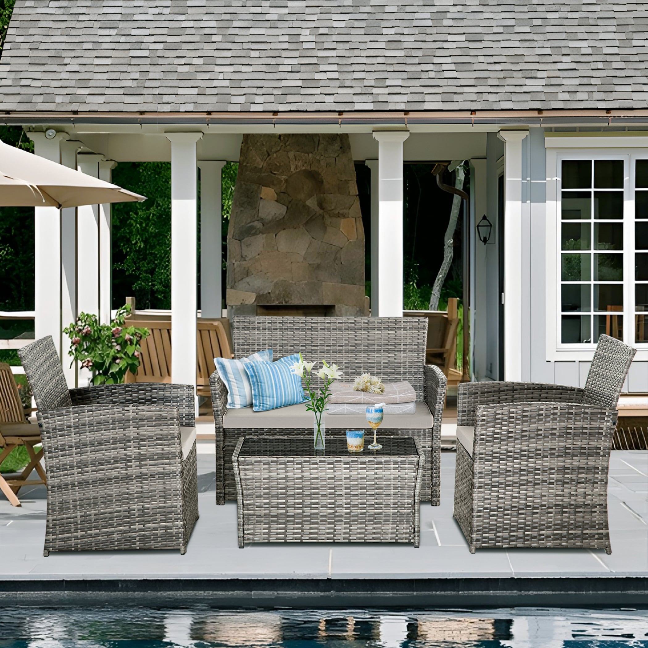 EarlGrove LS-ZJ003GYGY 4 -Piece Wicker Patio Conversation Set with Gray Cushions