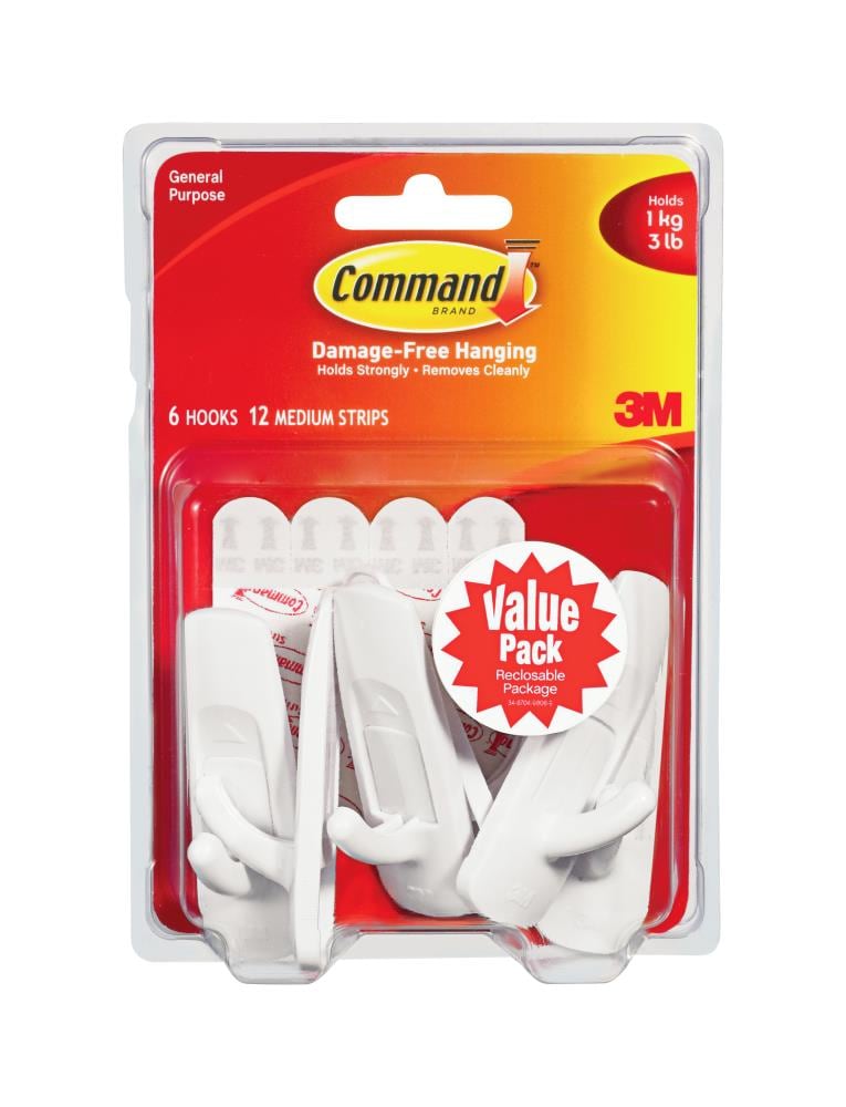 Command Large 6-Pack White Adhesive Storage/Utility Hook (5-lb