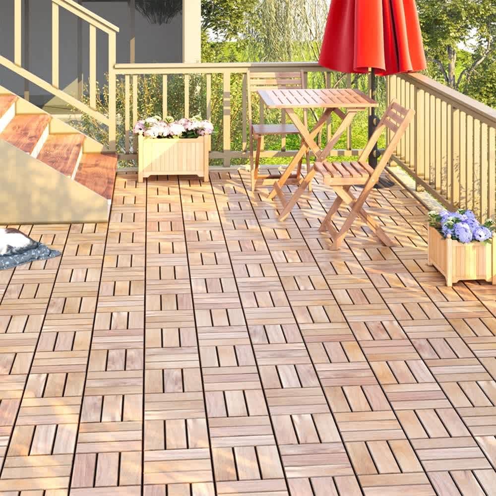 JUJABU Yellow 12Inch x 12Inch 30 PCS Deck Tiles Checker Pattern Square Acacia Hardwood Outdoor Flooring for Patio #DECKTILE-9