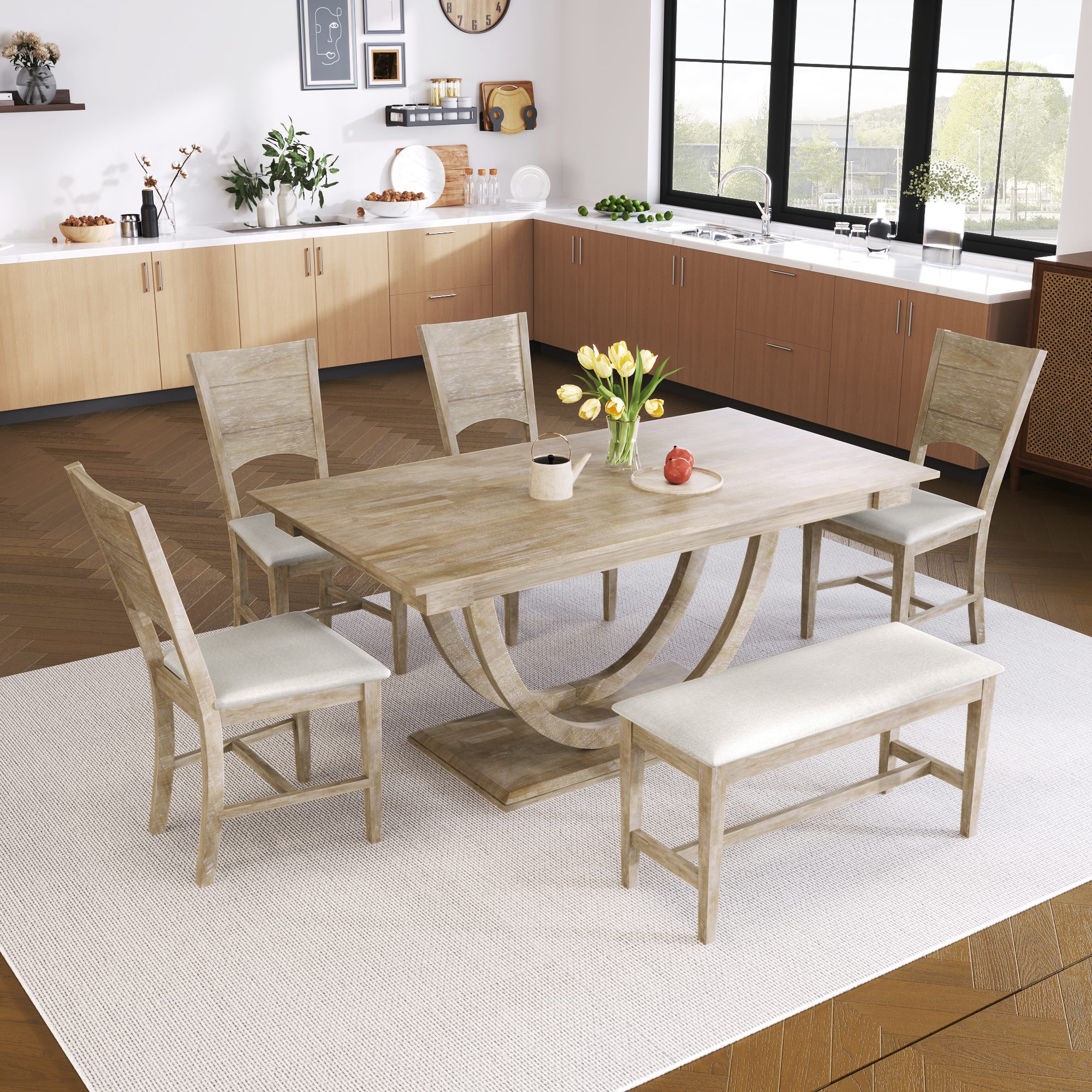 Dexmalle -  Modern Kitchen Table with Long Bench and 4 Dining Chairs