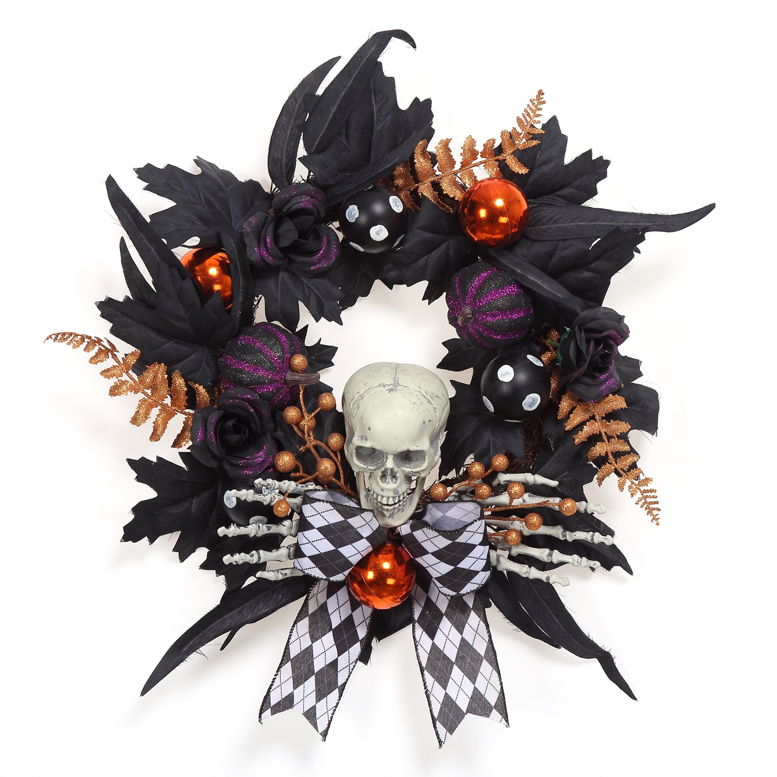 GAOMON 20 Inch Plastic Rattan Halloween Wreath with Black White Plaid Bow- Front Door Hanging Festival Decoration
