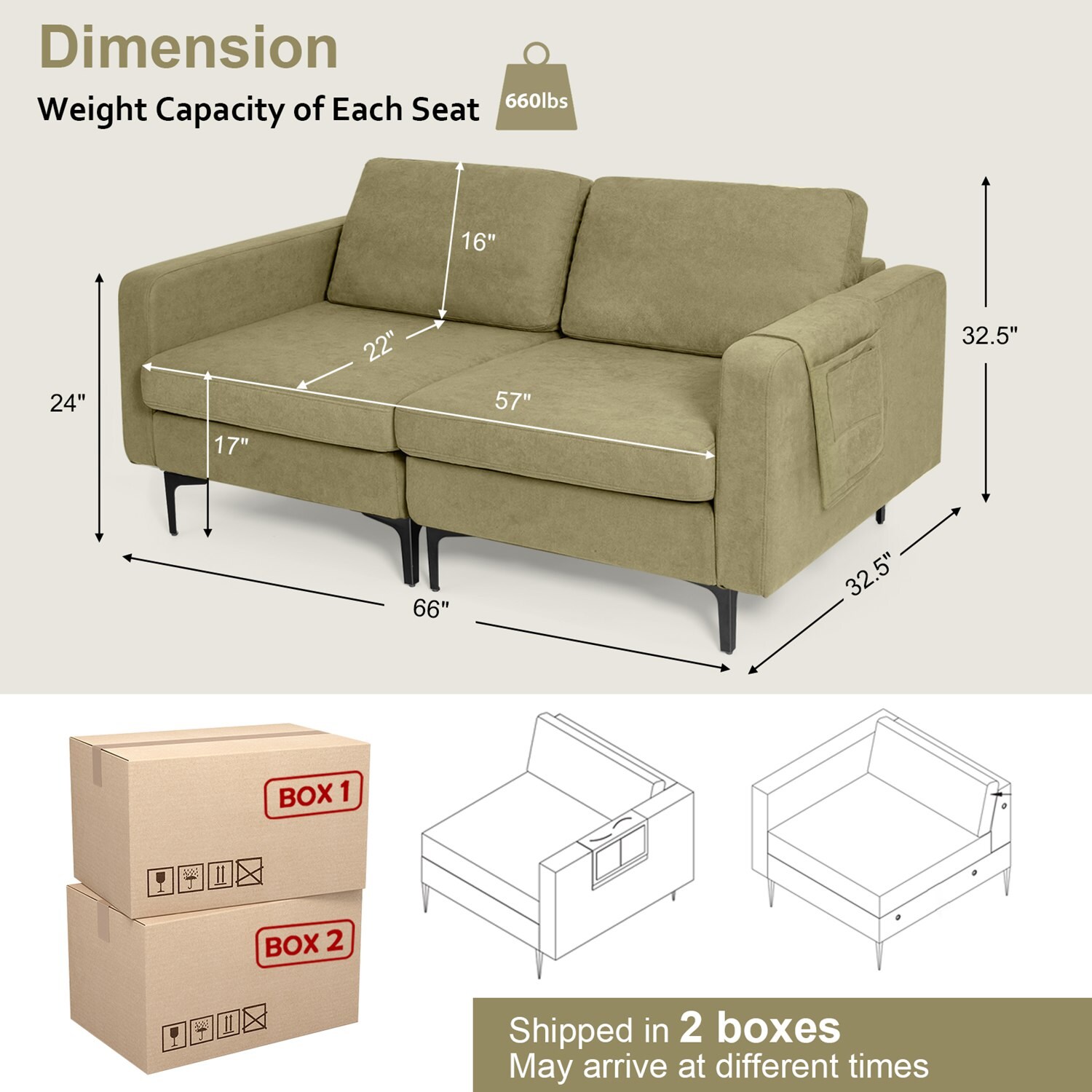 Costway Modern Loveseat Linen Fabric 2-Seat Sofa Couch with Side ...