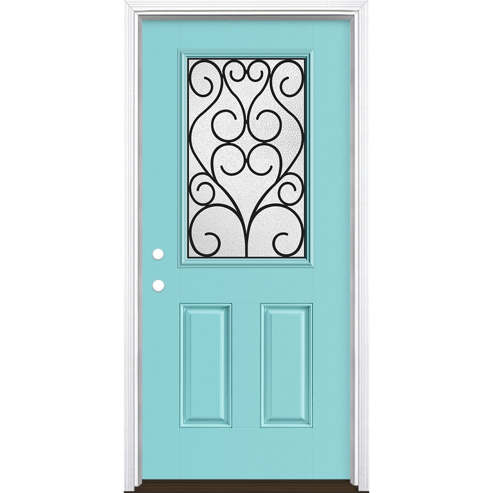 Masonite 3420850 Iron Springs 36-in x 80-in x 4-9/16-in Fiberglass Half lite Right-hand inswing Caribbean Blue Painted Prehung Front Door with Brickmould Insulating core