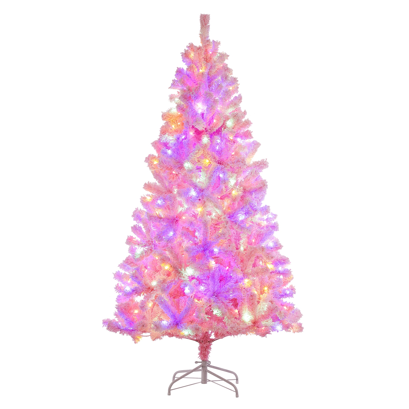 IdealHouse 6 FT Snow Flocked Christmas Tree - Pre-lit Christmas Tree with 250 Colorful LED Lights and 751 Branch Tips - Artificial Pink Xmas Tree with Foldable Metal Base for Home Office Decoration