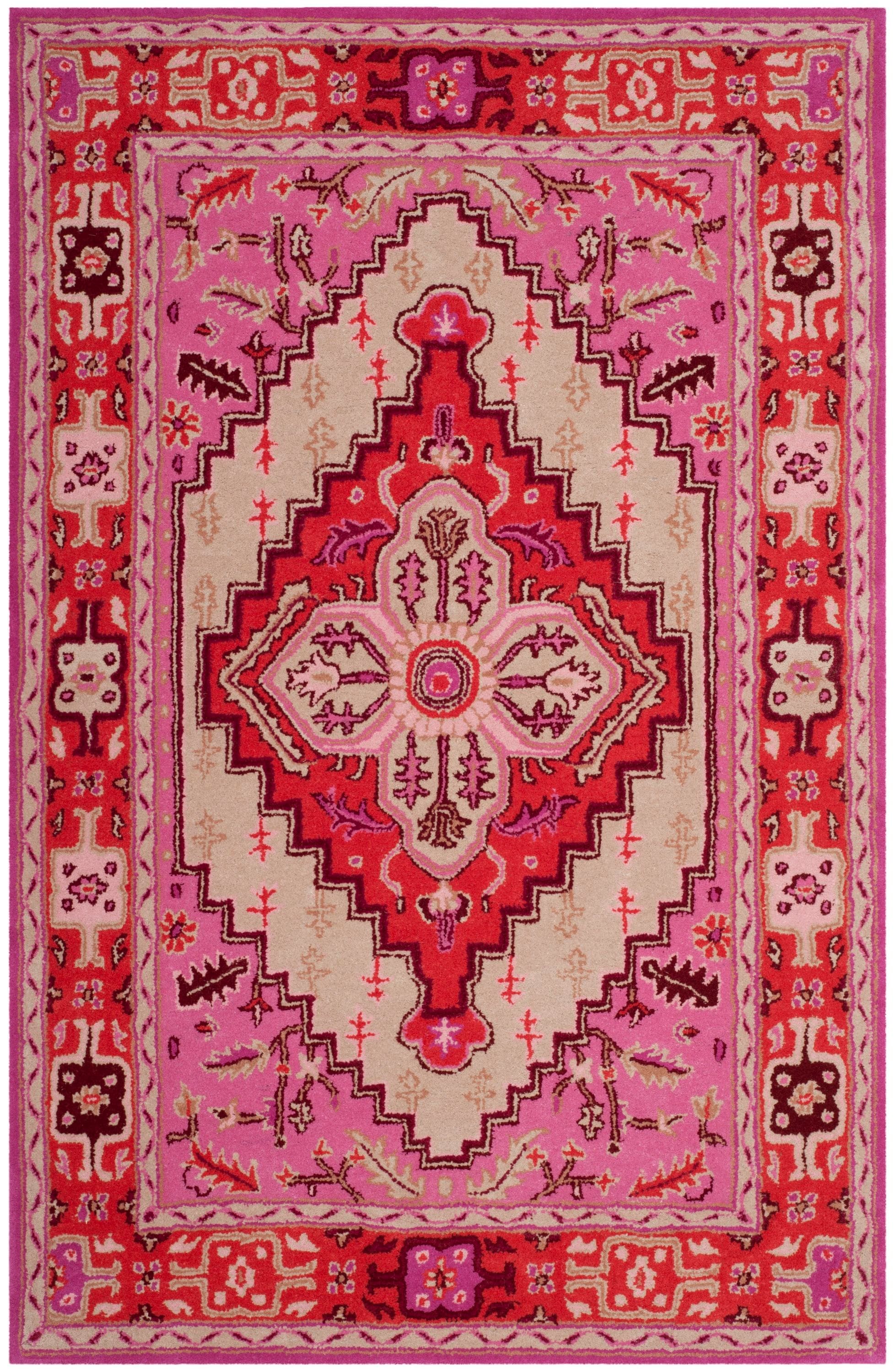 Safavieh BLG545A-3 Bellagio Burgos 3 x 5 (ft) Tufted Wool Red Pink/Ivory Rectangular Indoor Floral/Botanical Bohemian/Eclectic Throw rug