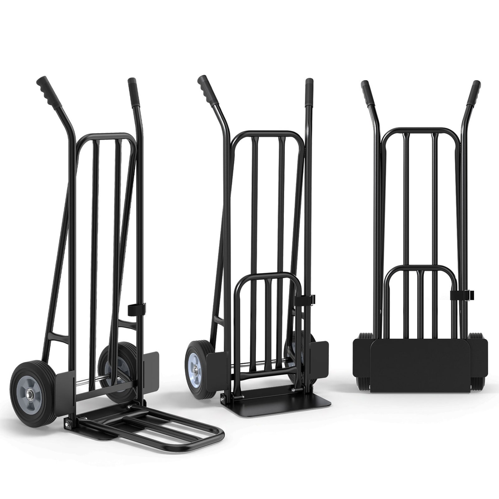 SUGIFT Heavy Duty Hand Truck Dolly in Black with Dual Foldable Nose Plates 44-in Moving Cart with 660-lb and 400-lb Plates and 8-in Wheels for Warehouses and Homes Folds to 10-in Deep for Storage Behind a Door with Solid Rubber Tires on a Steel Frame