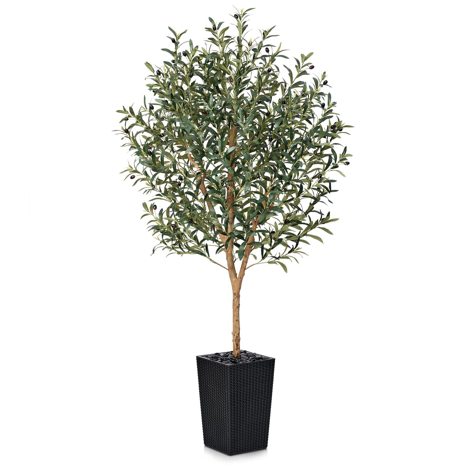 VeriNatural 72-in Green Indoor Floor Olive Artificial Tree - Faux Olive Tree with Natural Wood Trunk - Fake Trees in Pot with River Rocks