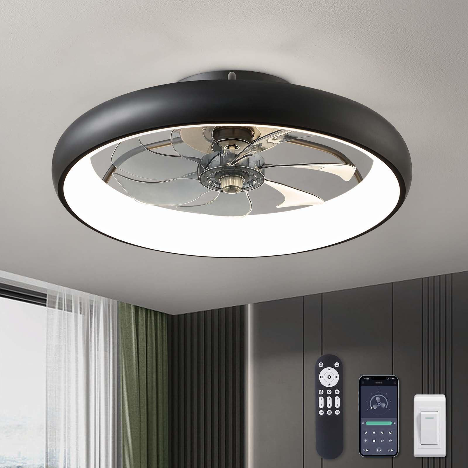 Adrinfly  Ceiling Fan with Lights 20 Inch Flush Mount Remote and App Control Black Low Profile Six Wind Speeds Dimmable LED for Bedroom Living