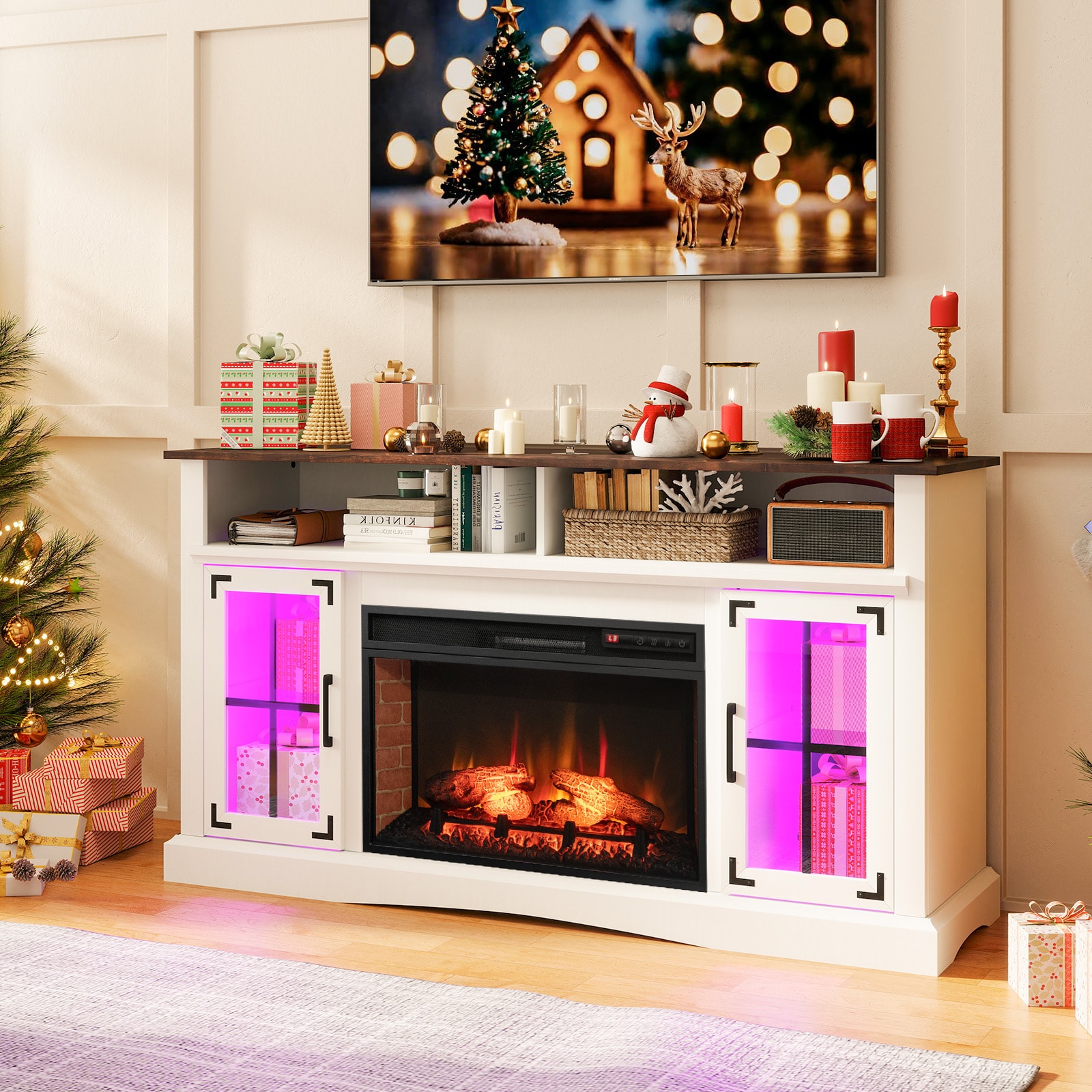 SUGIFT Fireplace TV Stand with Remote Thermostat and RGB LED Lights for TVs Up to 50-in White Sansujyuku sansujyuku.com