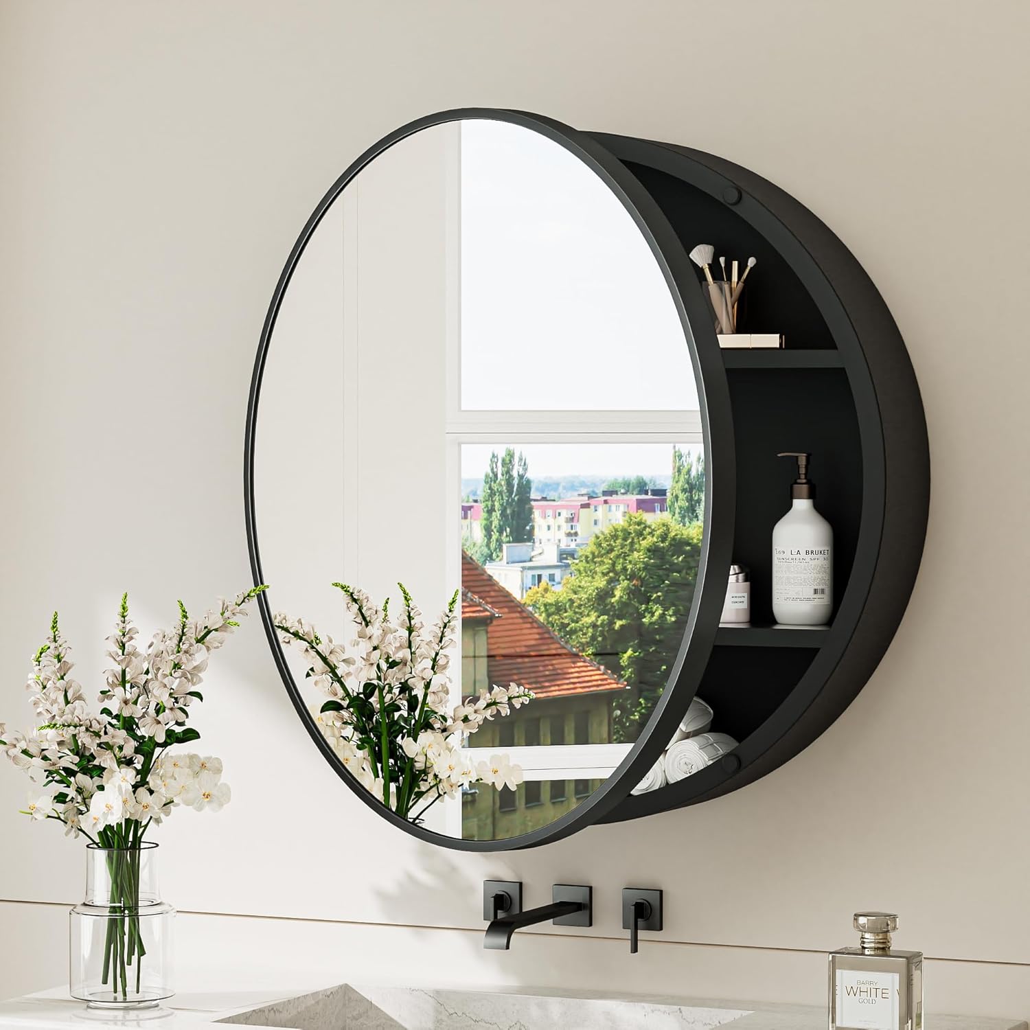 TokeShimi  26x26 Round Medicine Cabinet for Bathroom Black Circle Bathroom Medicine Cabinet with Mirror Surface Mount Only Detachable Shelves Circular Vanity Shatterproof Mirror with Storage