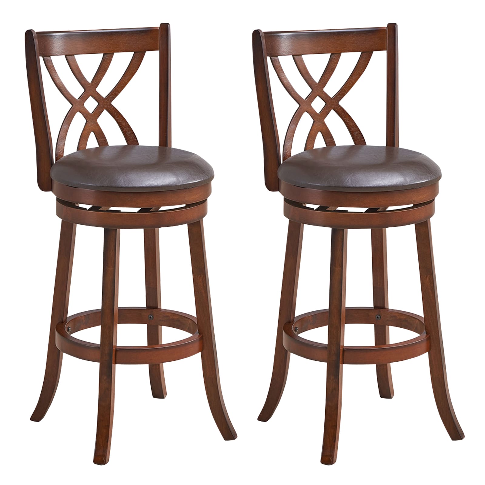 Slickblue D-CO-92-06601VJ Set of 2 Swivel Counter Height Chairs PU Leather Seat 26 Inch or 30 Inch Height with Curved Back and Footrest Rubber Wood Frame for Kitchen or Bar- Brown