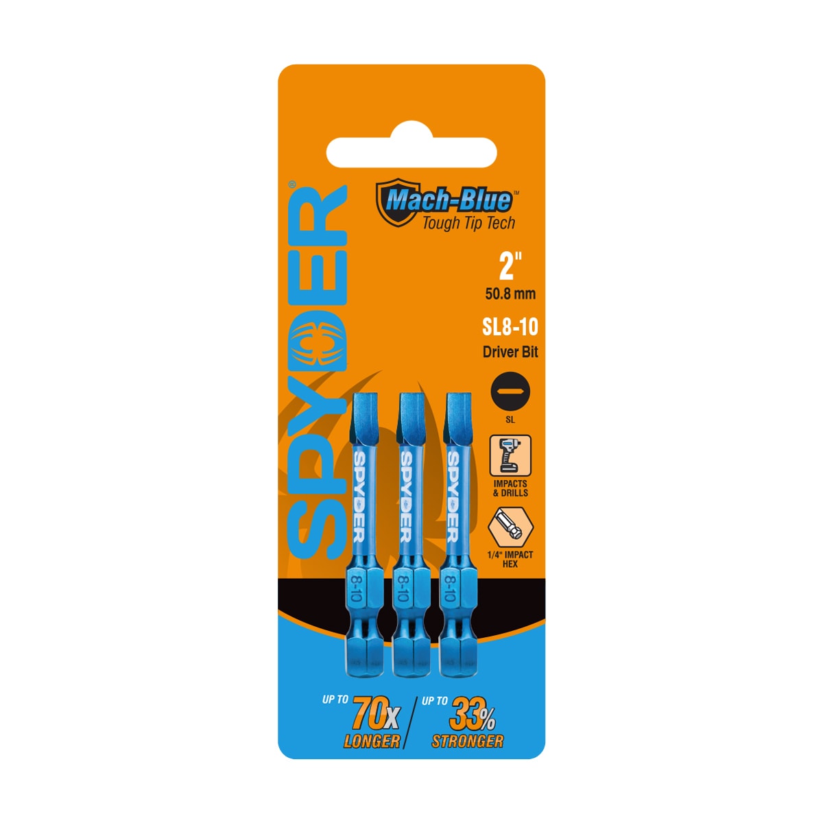 Spyder 19635 Mach-Blue 1/4-in x 2-in Slotted Impact Driver Bit 3 -Piece