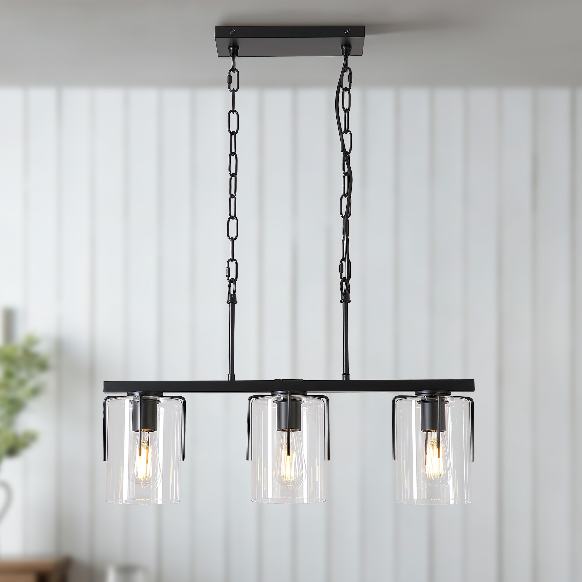 JUSHUA - 3 Light Matte Black Linear Pendant Light Clear Glass Shades Adjustable Chain Industrial ...