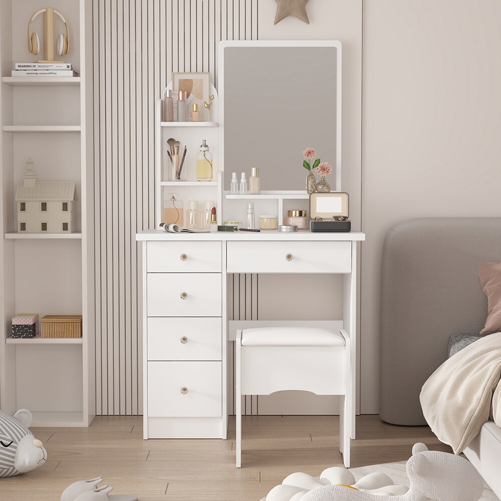  V-KF210106-07 Vanity Desk with Mirror Makeup Vanity with 5 Drawers 4 Shelves  Crystal Handles and Cushion Stool Makeup Desk for Bedroom 31.5''L x 15.7''W x 55.1''H White