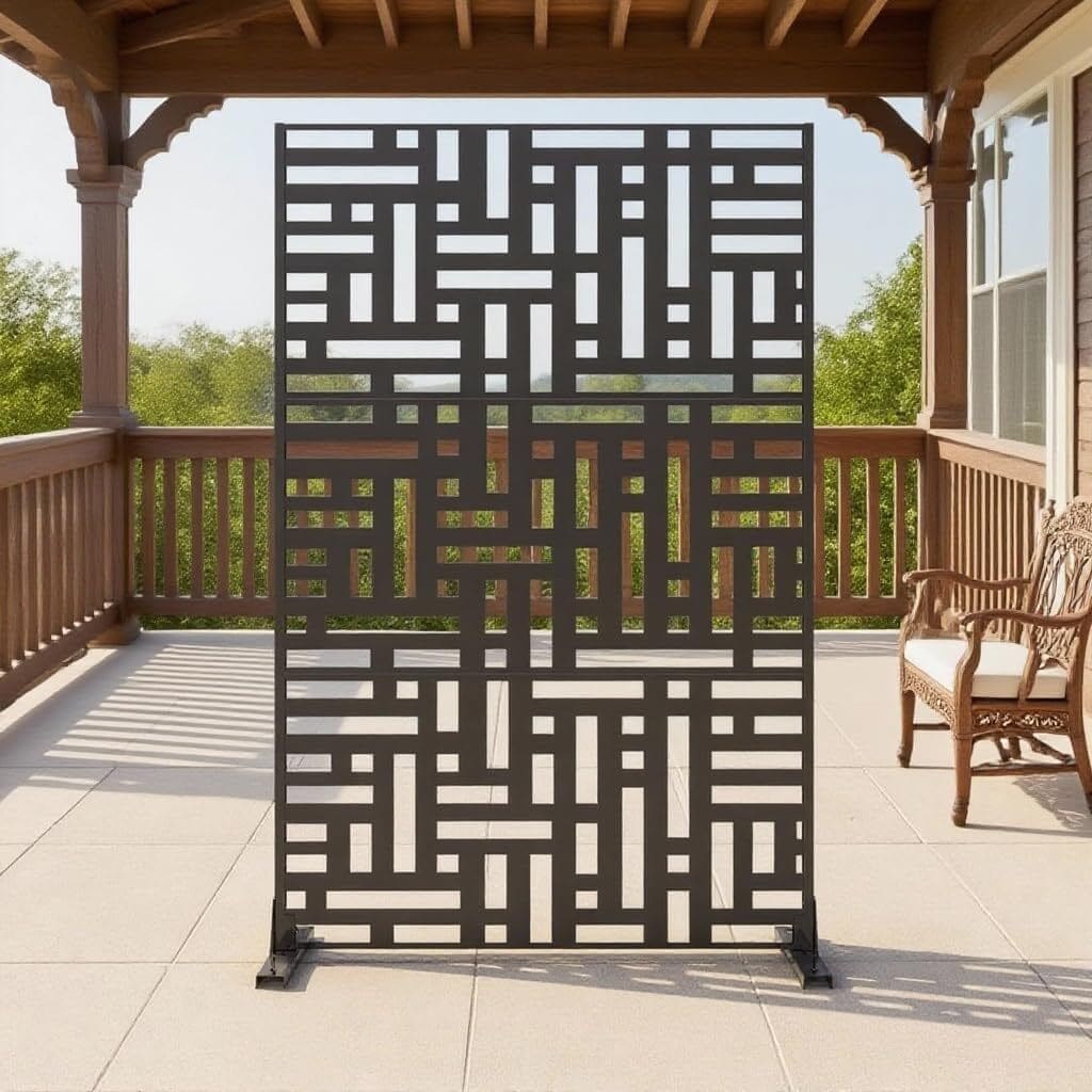 Qeetex GGL-PPG-33Q95HUP Metal Privacy Screen Outdoor 72x47in HeavyDuty Galvanized Steel Privacy Fence Decorative Freestanding Panel with Stand Windproof Rustproof Room Divider for Patio Balcony Garden Indoor