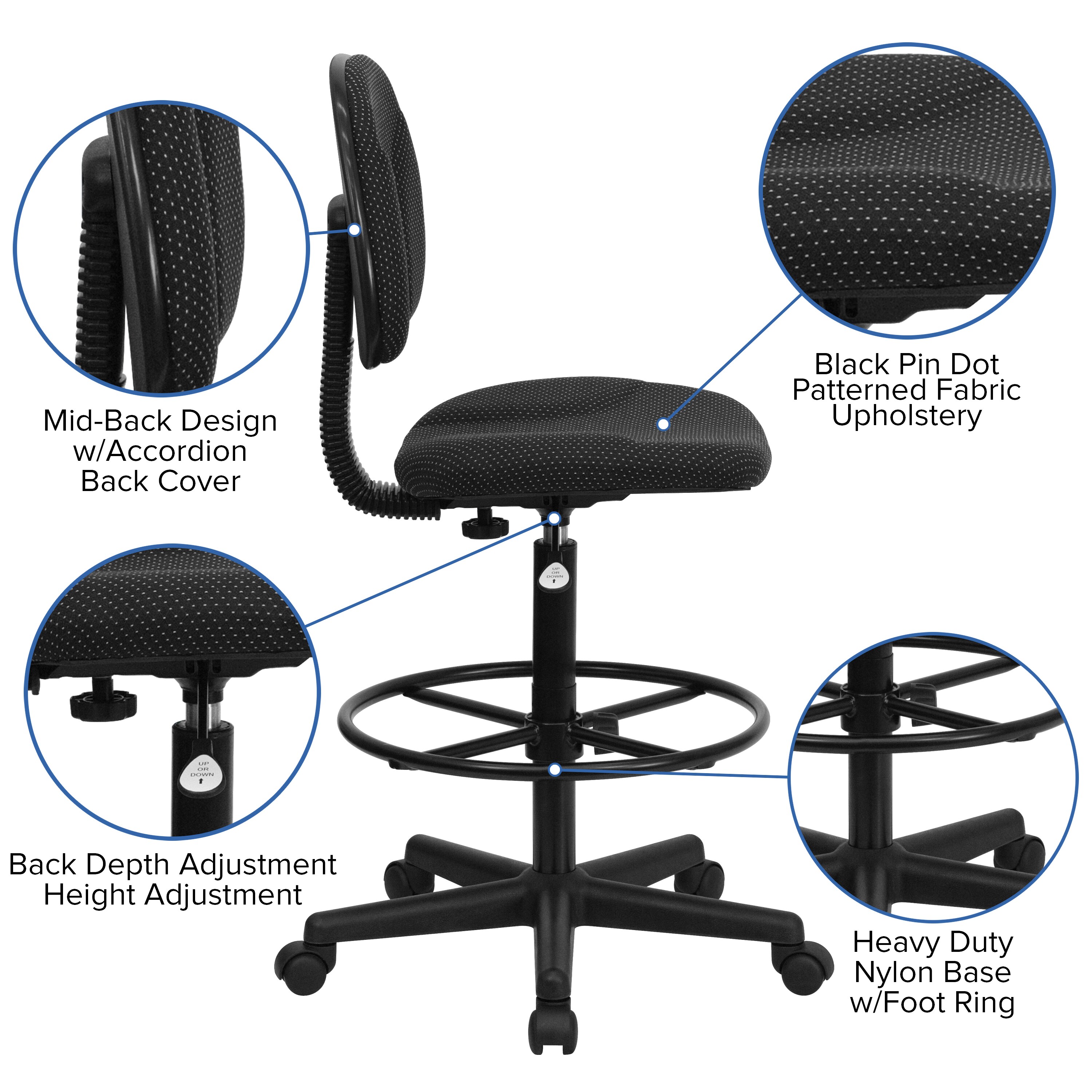 Black Adjustable Swivel Drafting Chair with Foot Ring