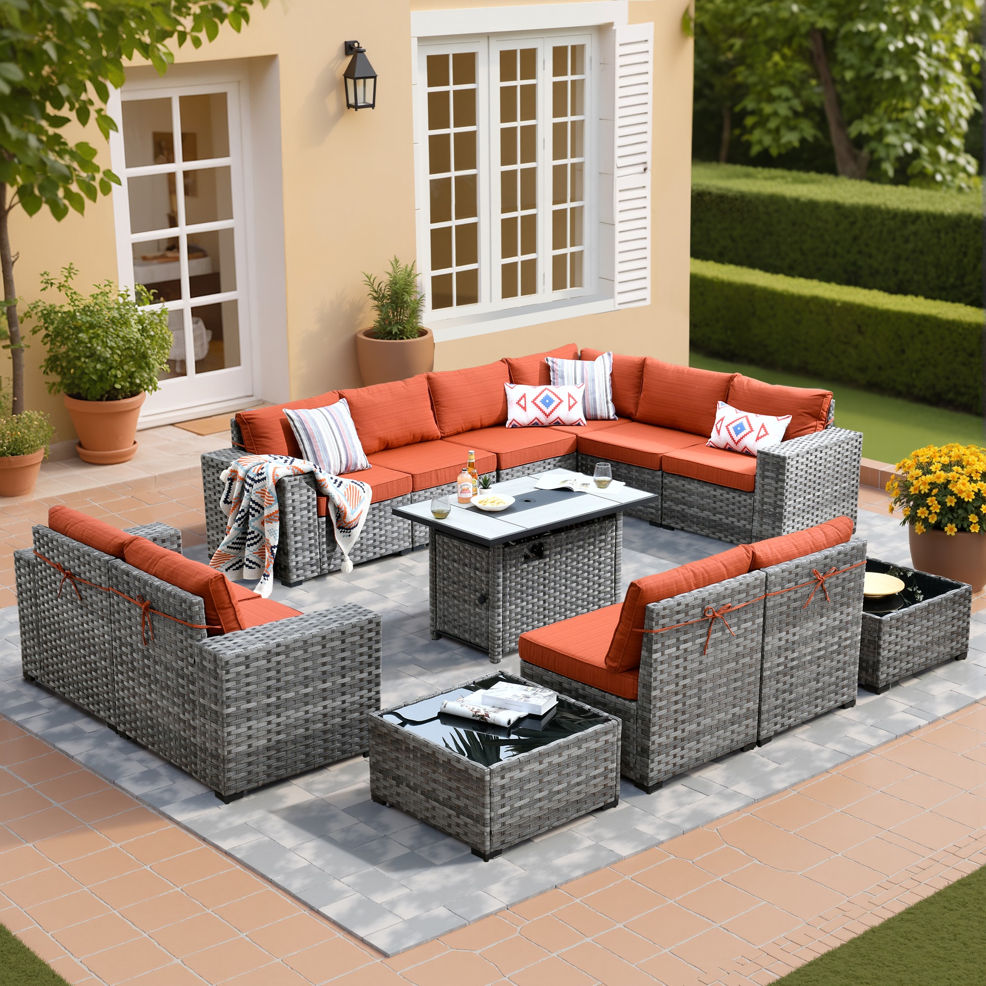 Pouuin SRFPBBR8013 13 -Piece Rattan Patio Conversation Set with Red Cushions