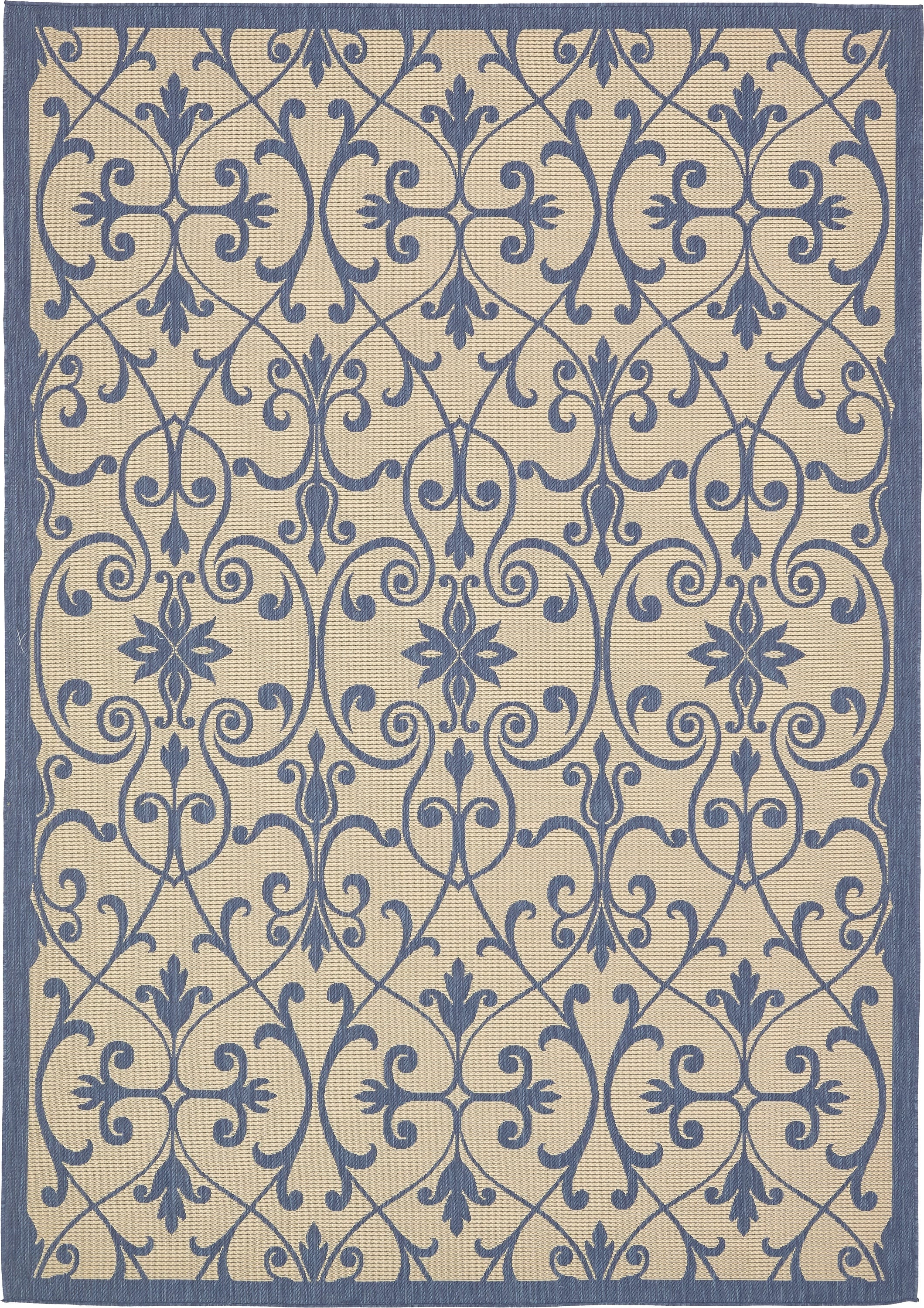 Unique Loom 3135451 Gate Outdoor 8 x 11 (ft) Loomed Polypropylene Blue/Beige Rectangular Indoor/Outdoor Damask Vintage Area rug