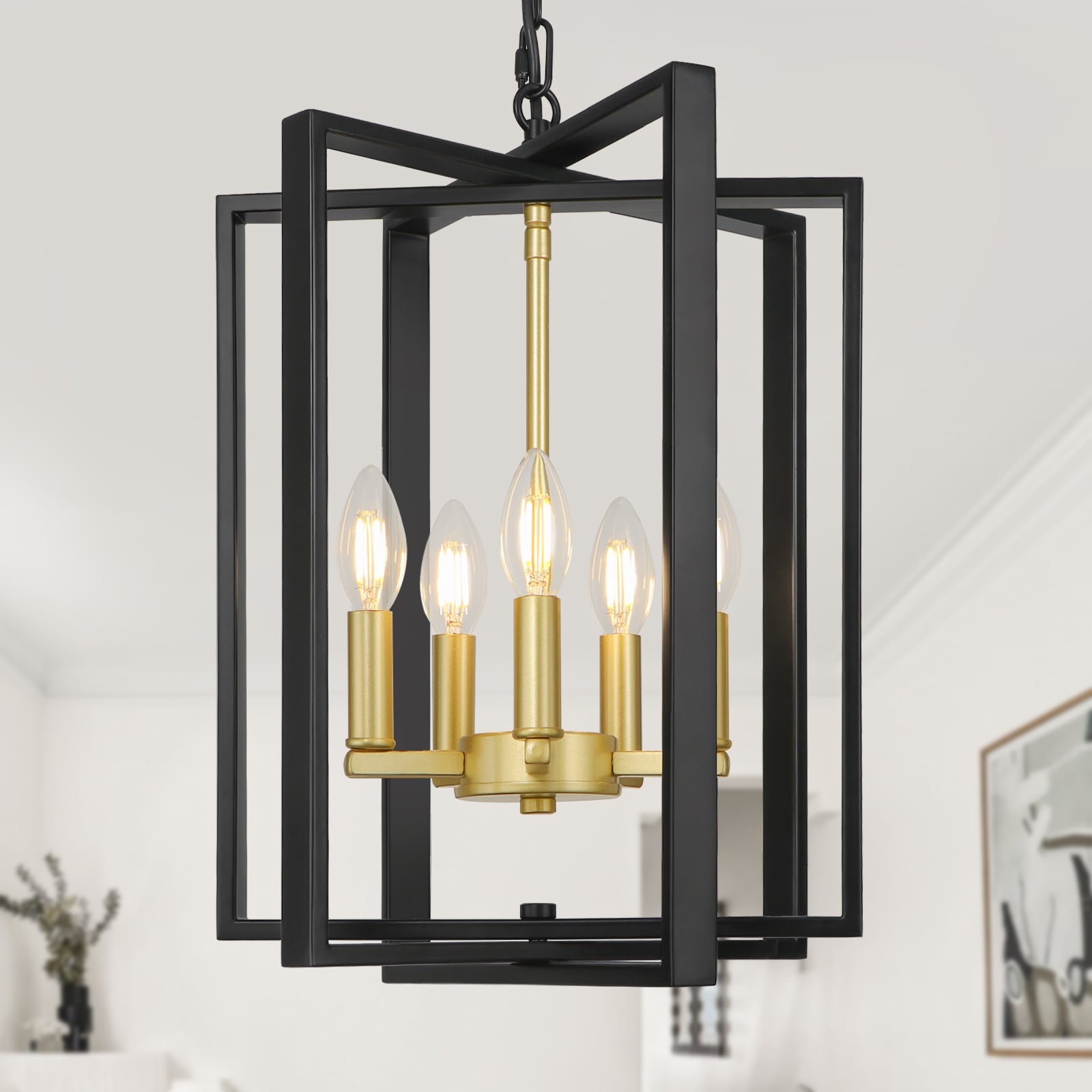 WBinDX 5 - Light Black and Gold Farmhouse Geometric Candle-Style Square / Rectangle Lantern Chandelier for Dining Room Kitchen Living Room Bedroom Hallway Stairway Entryway