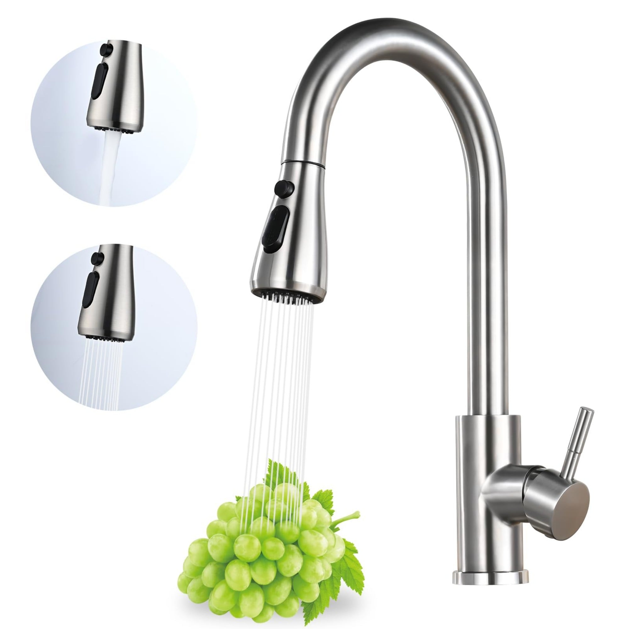 Numhew 15.7in H 1-Handle 3-Mode Brushed Nickel Kitchen Faucet with Pull Down Sprayer High Arc Stainless Steel