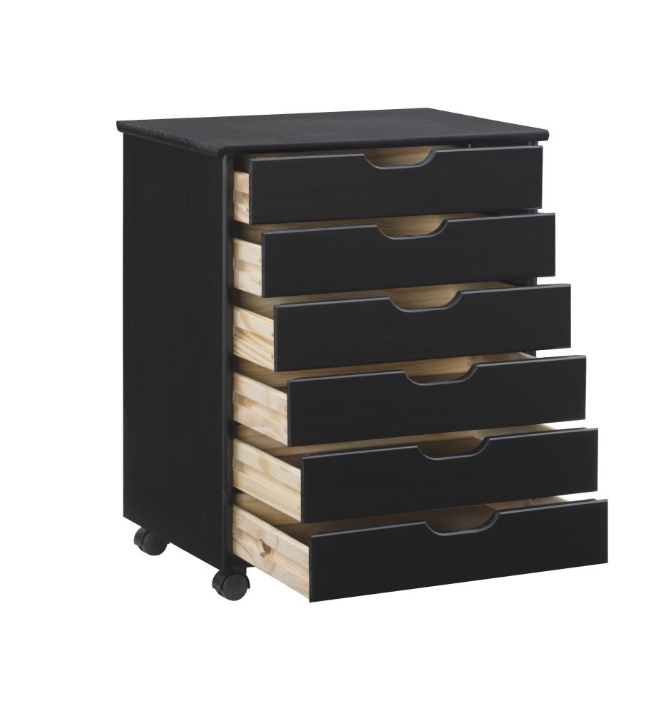 Cary Modern Black Pine Wood 6-Drawer Mobile Storage Cart