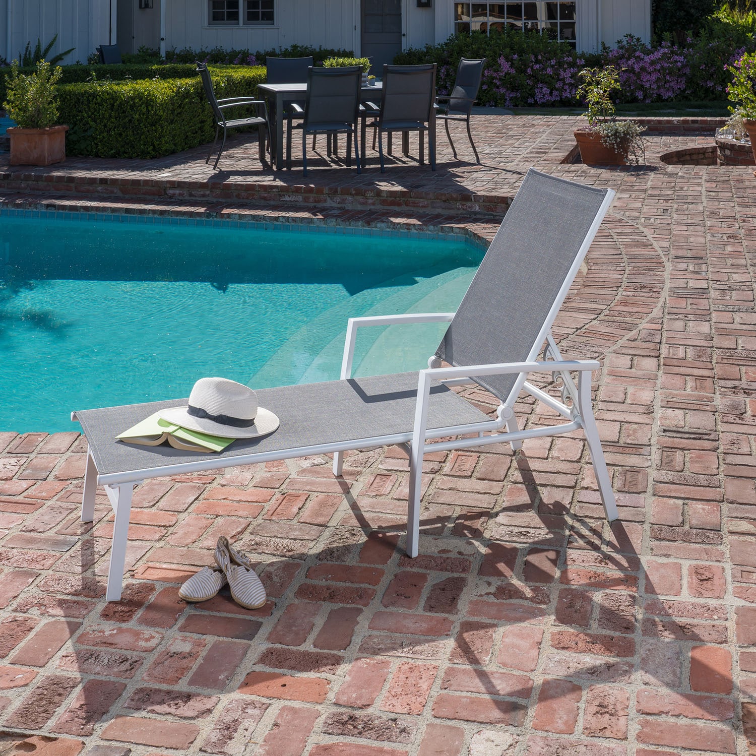 Hanover NAPLESCHS-W-GRY Naples White Metal Frame Stationary Chaise Lounge Chair with Gray Hanover Sling Seat