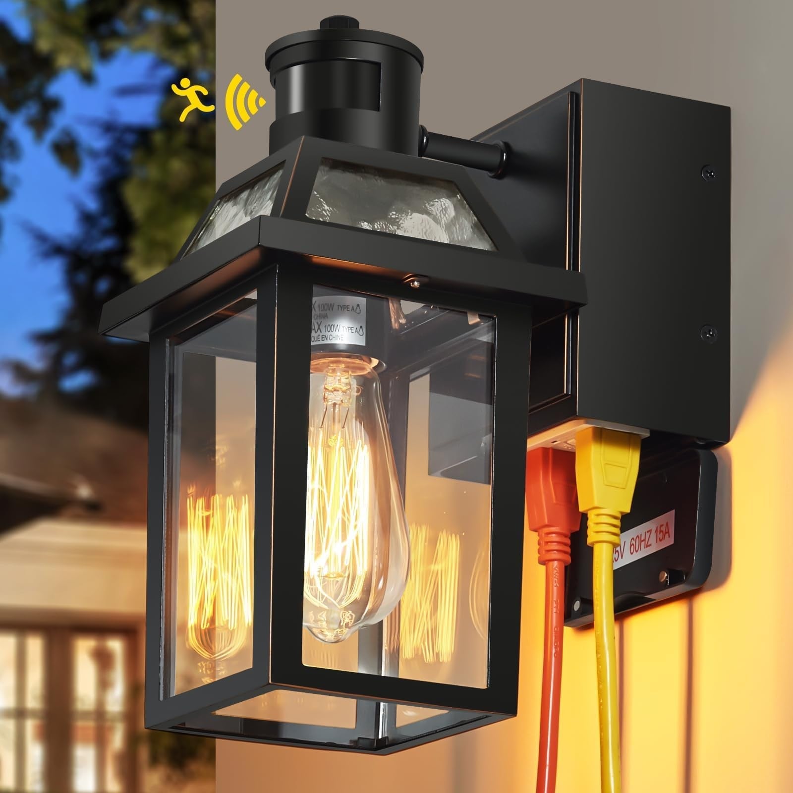 Slagawa  Black Wall Mount Outdoor Light with GFCI Outlet Dusk to Dawn Sensor 3 Modes Motion Activated Waterproof for Front Door Patio Garage