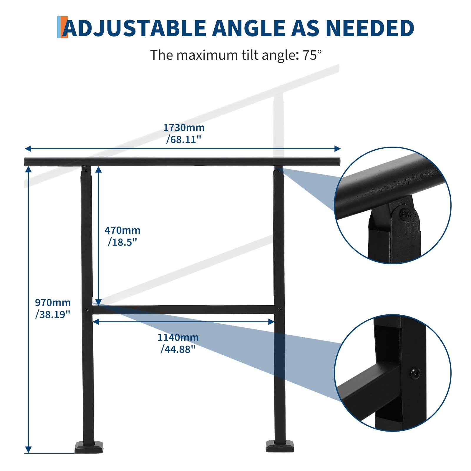 IdealHouse Adjustable 5-Step Metal Stair Hand Rail - Heavy-Duty Black ...