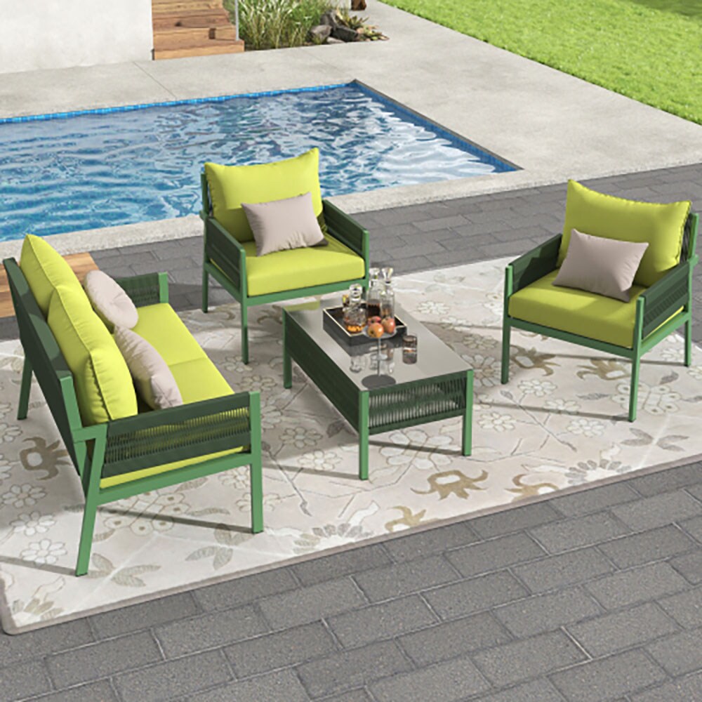 GZMR GZ-A0001SF39 Outdoor Furniture with Tempered Glass Table 4 -Piece Woven 2 Patio Sofa Conversation Set with Green Green Cushions