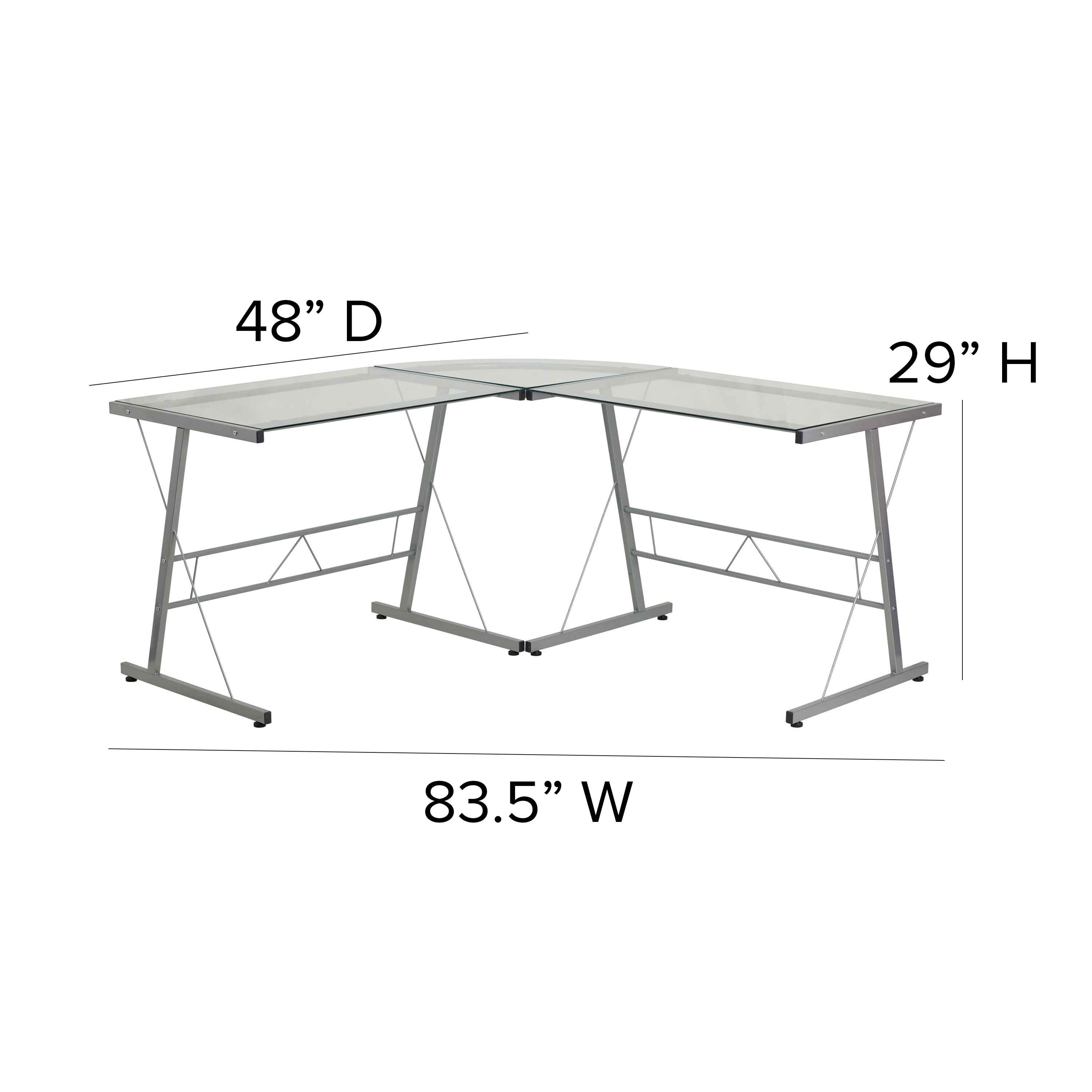 Sleek Silver Metal Frame L-Shaped Corner Desk with Clear Glass Top