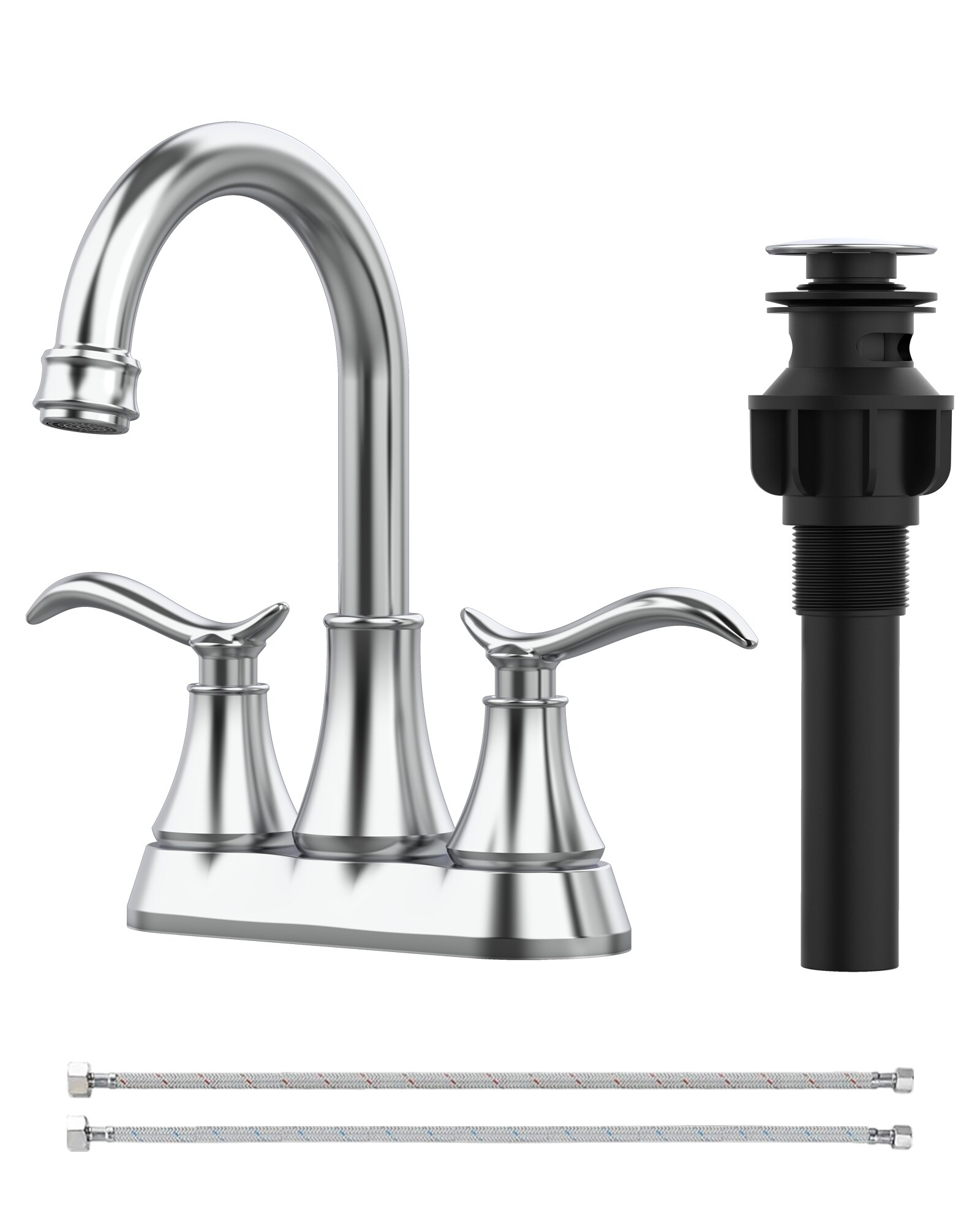 GLANZEND -  Chrome Centerset 4-in 2 Handle High-arc Vanity Bathroom Sink Faucet Pop Up Drain