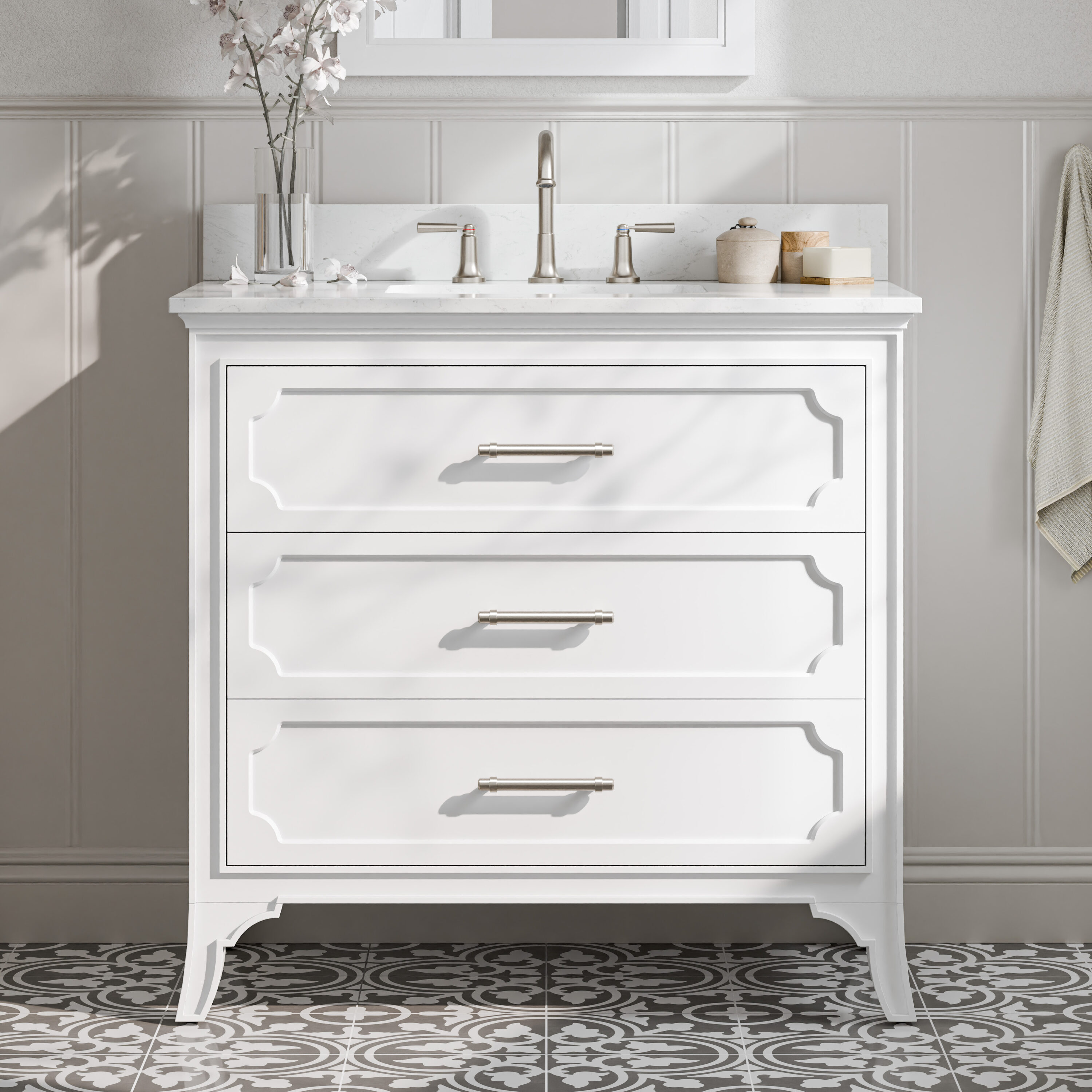 Helena 36-in Swan White Undermount Single Sink Bathroom Vanity with Carrara Engineered Marble Top | - allen + roth 1008VTC-36-201-925UR