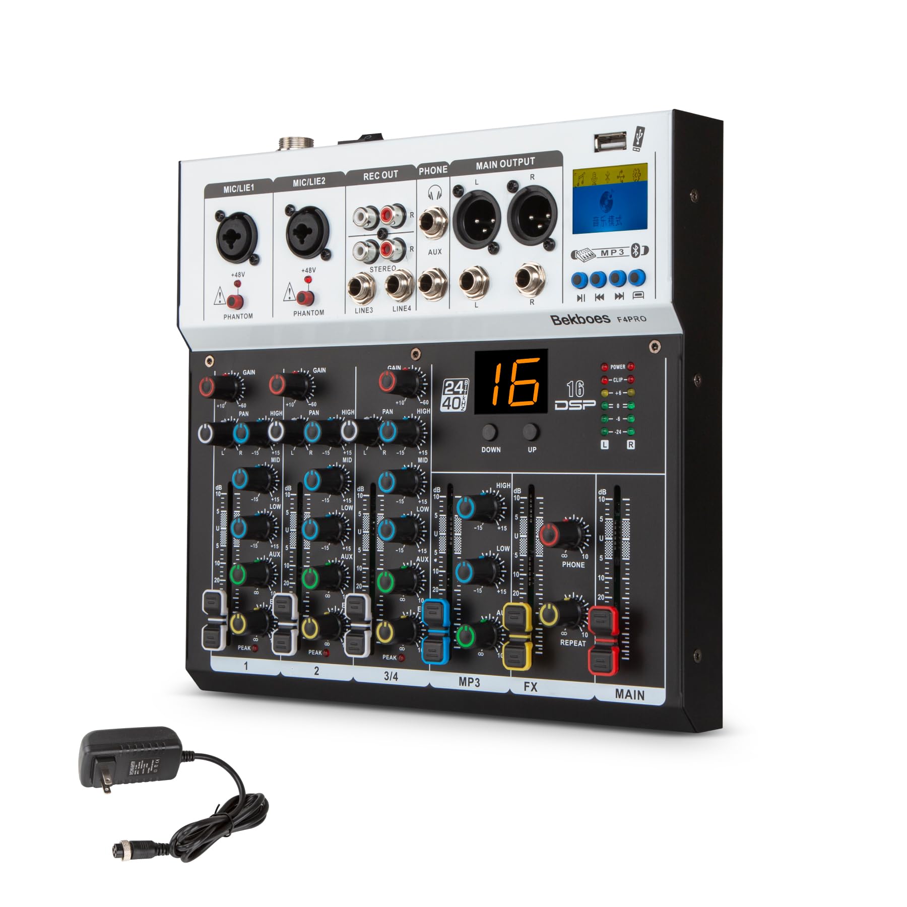 Etokfoks professional 4 channel audio mixer with 16 DSP effects USB playback computer stereo recording dual 48V phantom power and 6 35mm #LET8P2PDO