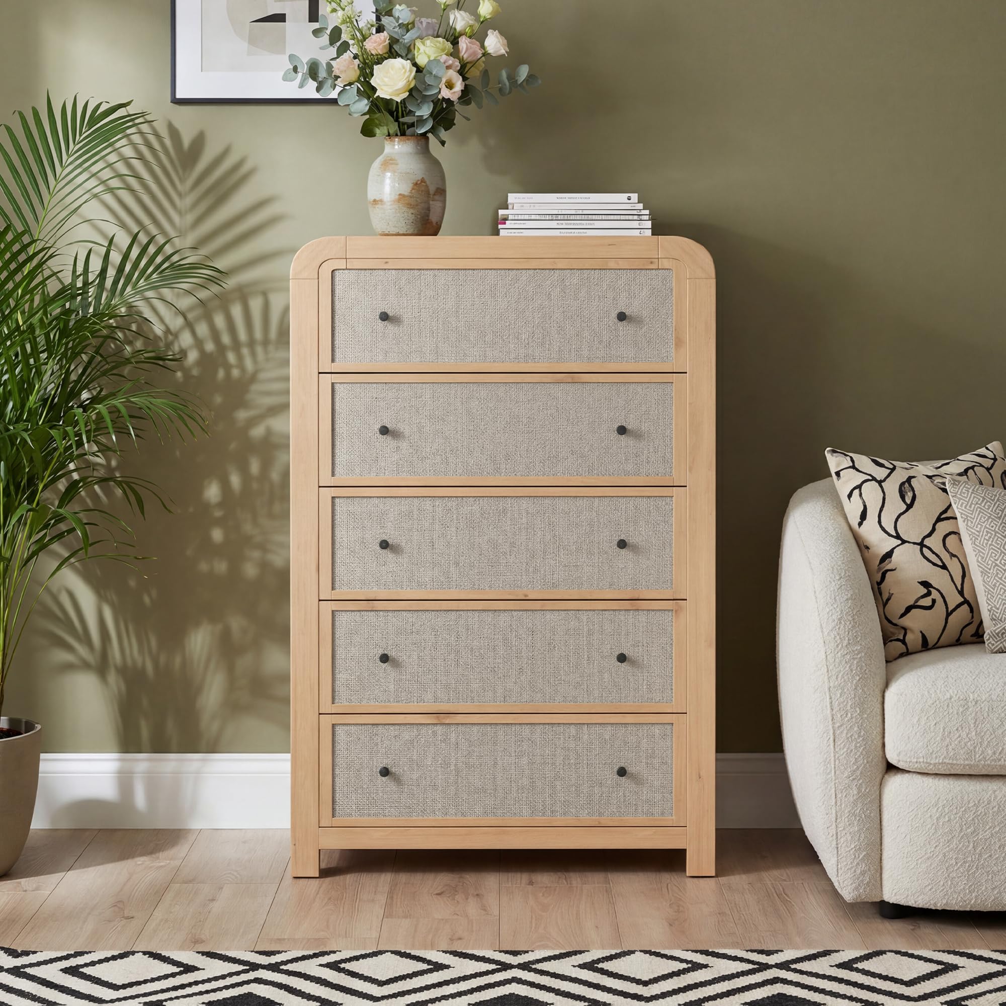 IdealHouse 47-Inch Tall 5-Drawer Narrow Dresser - Linen Front Chest with Rounded Corners and Anti-Tip Kit - Space-Saving Storage Cabinet for Living Room Entryway and Home Office - Natural Wood Color