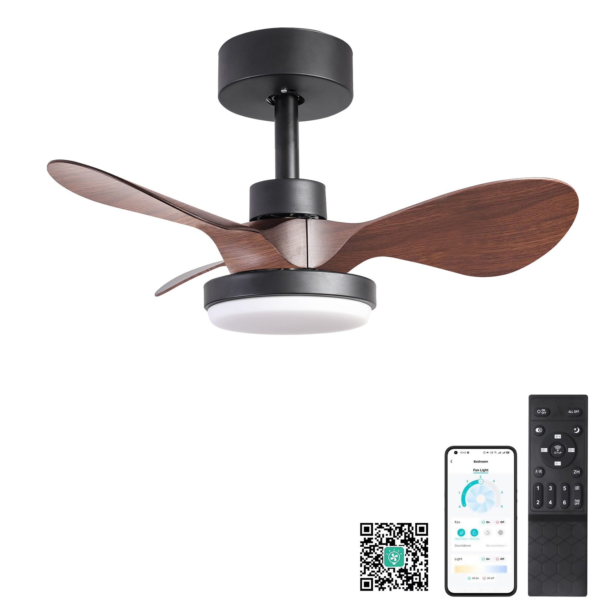 Bybafun YB5700106 24-in Color-Changing Integrated LED Smart Brown with Finished Blades Ceiling Fan Light Kit Compatible - Remote Included ( 3 -Blade )