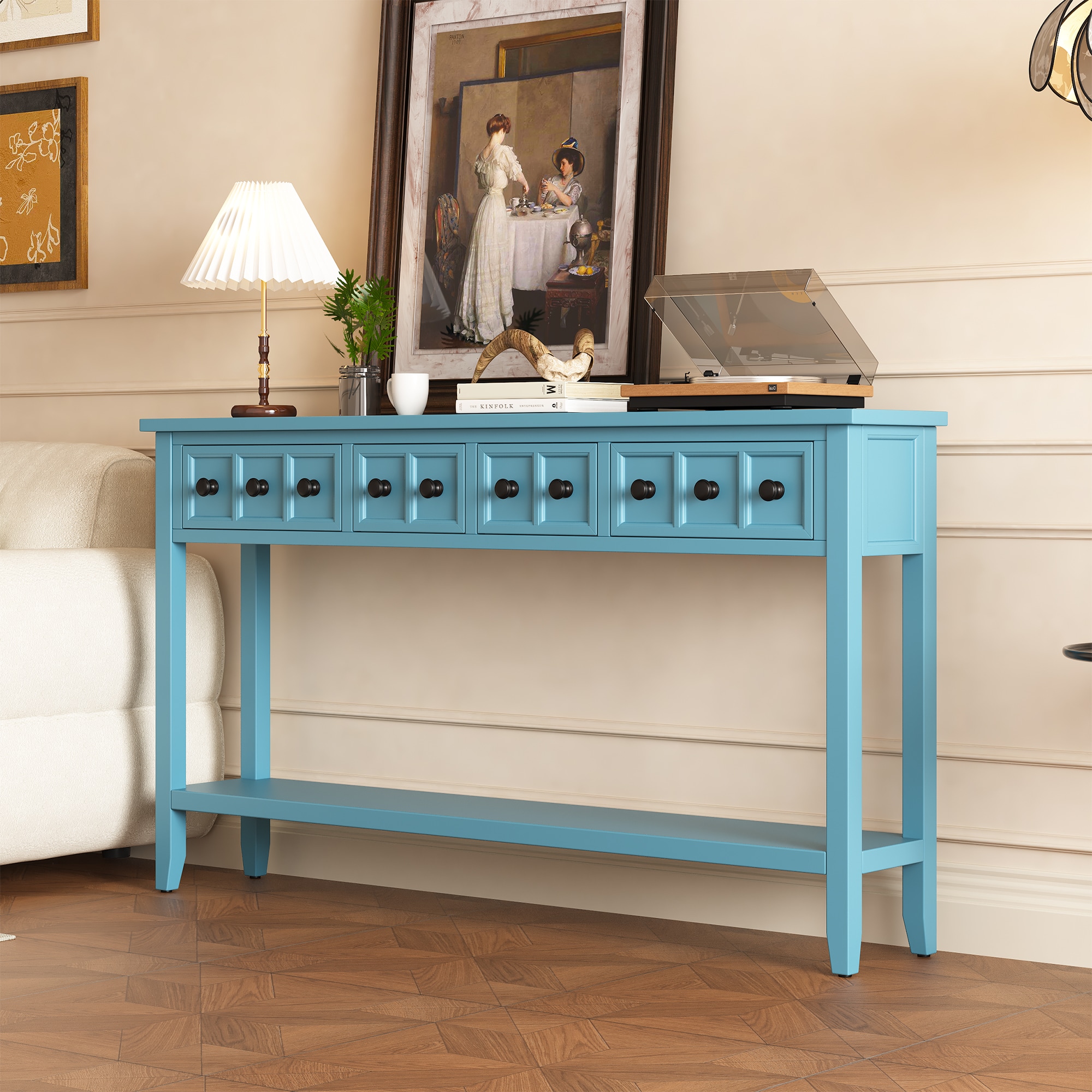 ModernLuxe WF326057AAC Rustic Entryway Console Table 60inch Long Sofa Table with Two Different Size Drawers and Bottom Shelf for Storage Turquoise Green