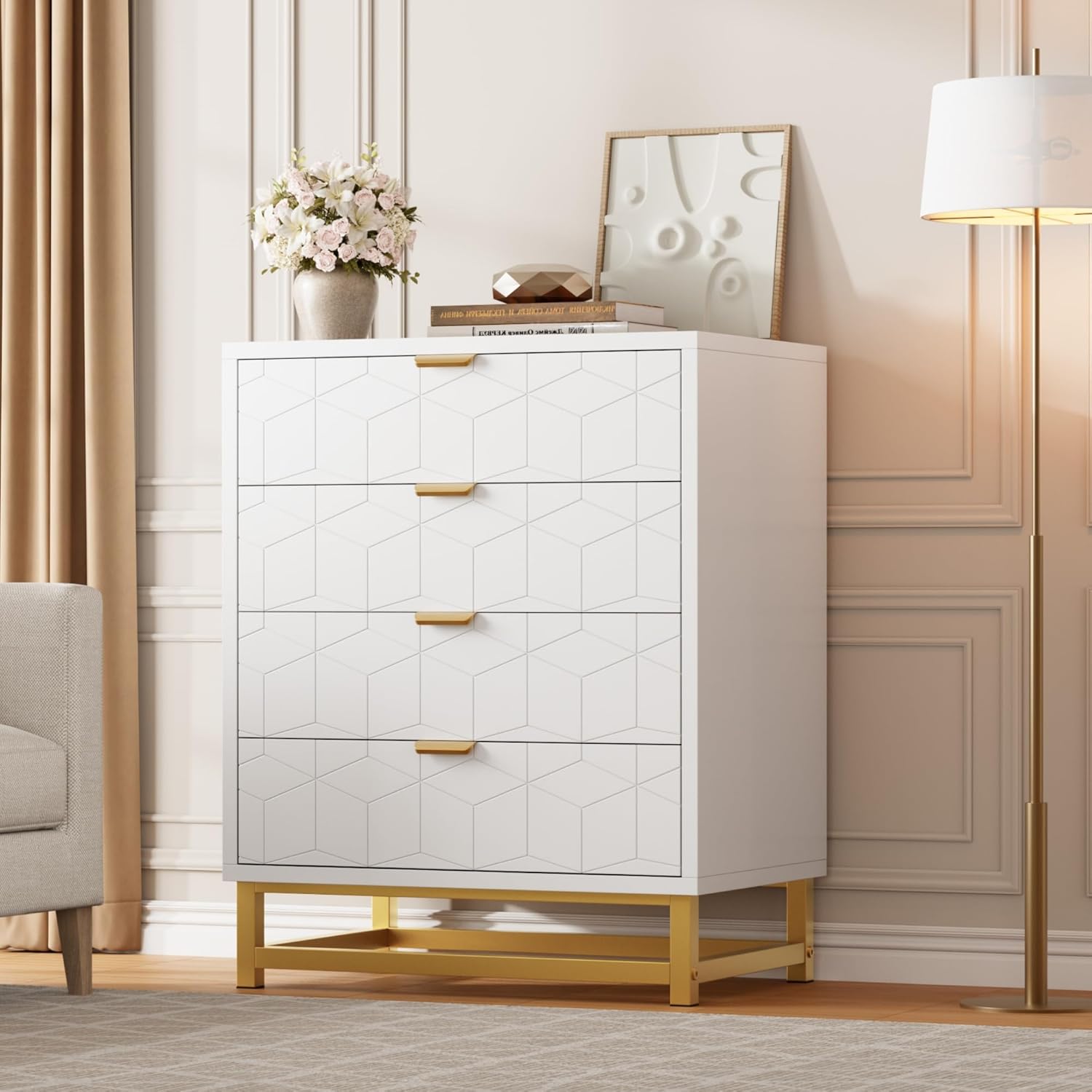 Qeetex GG-W546F053 Modern 4 Drawer Dresser Wide Chest with Gold Metal Legs and Handles Wood Storage Organizer for Bedroom Living Room Hallway White