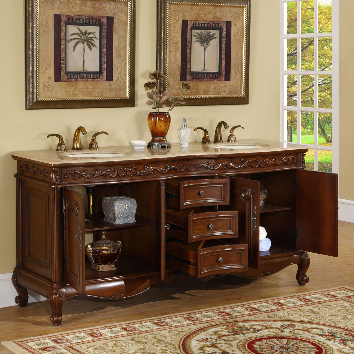Silkroad Exclusive 72-in English Chestnut Double Sink Bathroom Vanity with Travertine Top