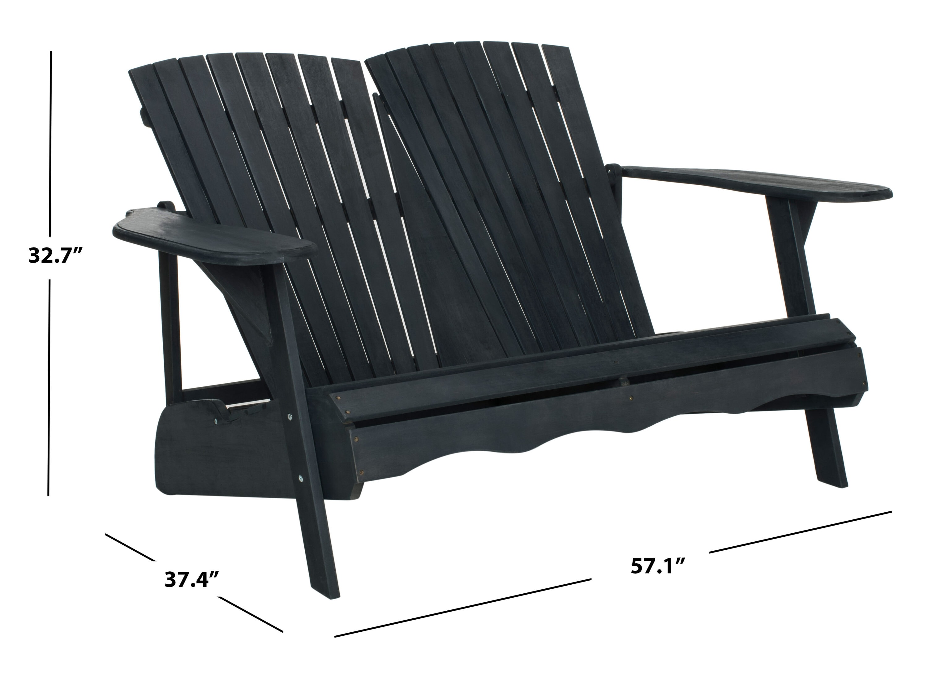 Transitional Black Acacia Adirondack Loveseat Bench, 57"