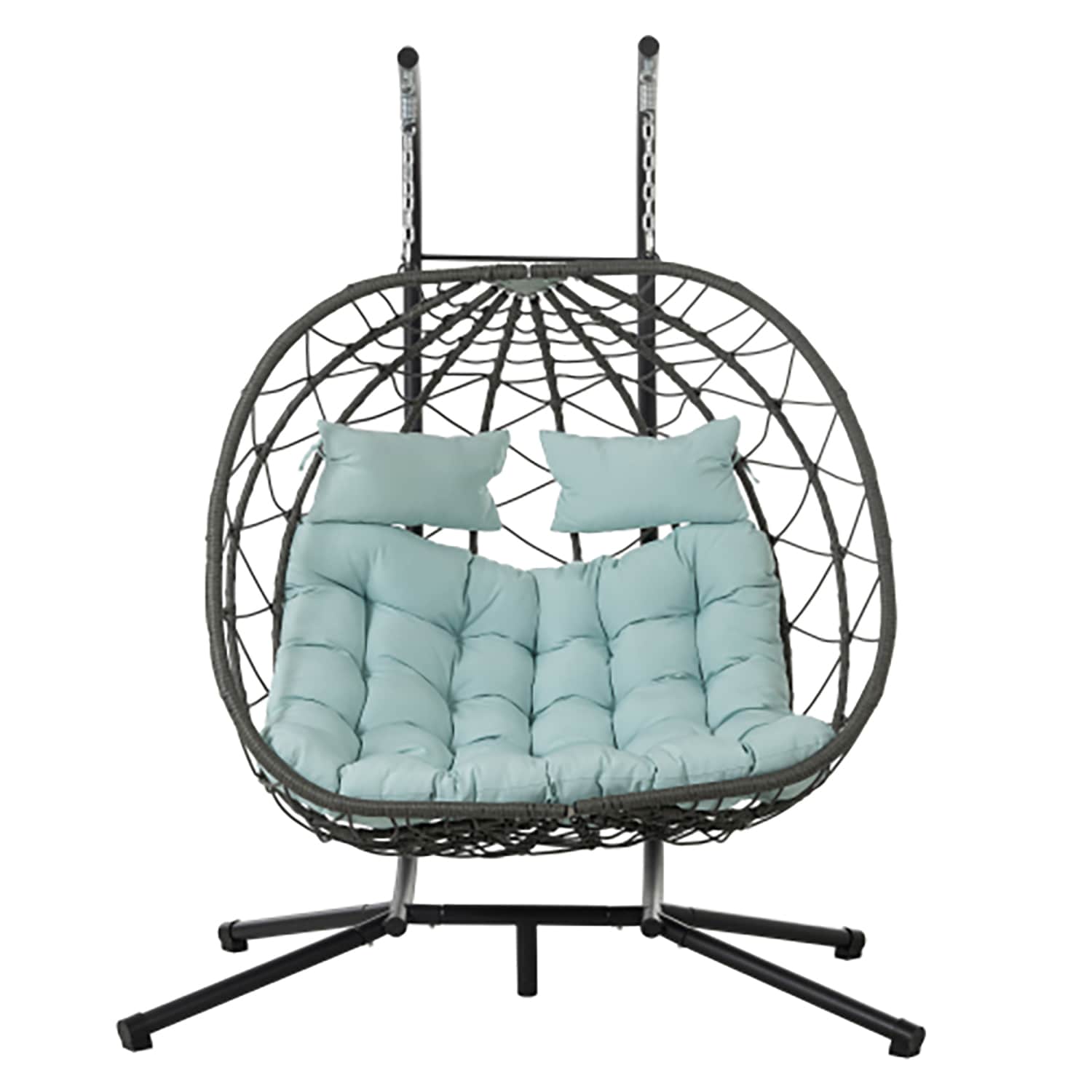 GZMR GM-DH-63953 2 Persons Egg Chair with Stand Indoor Outdoor Wicker Steel Metal Frame Spring motion Egg Chair with Gray Cushioned Seat
