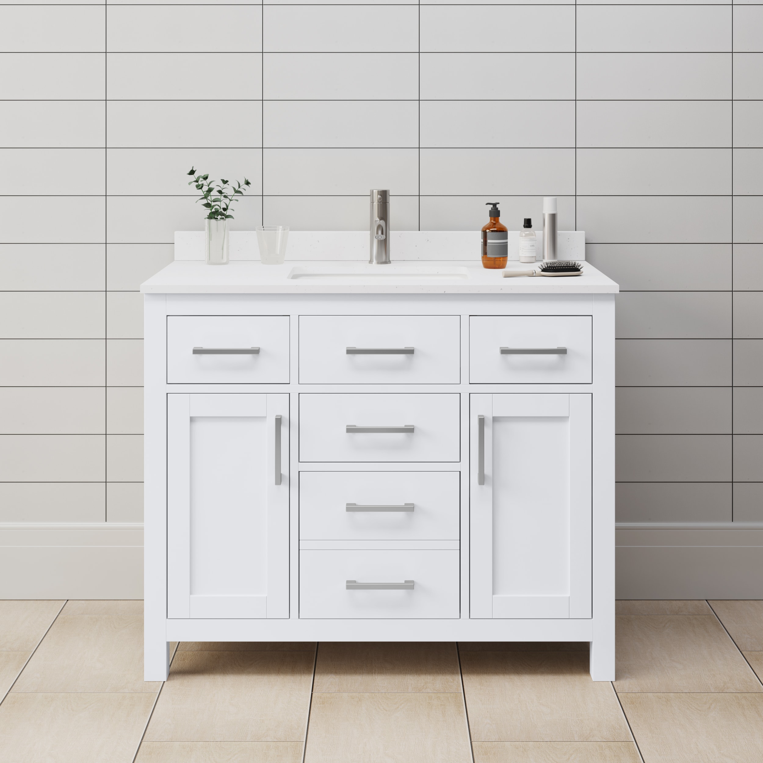Wyndham Collection WCG242442SWHWCUNSMXX Beckett 42-in White with Brushed Nickel Trim Undermount Single sink Bathroom Vanity with White Cultured Marble Cultured marble Top
