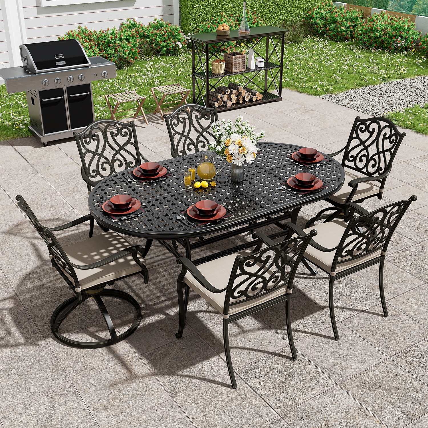 Mondawe Cast Aluminum Oval Outdoor Dining Table 42 in W x 72 in L with Umbrella Hole in the Patio Tables department at Lowes